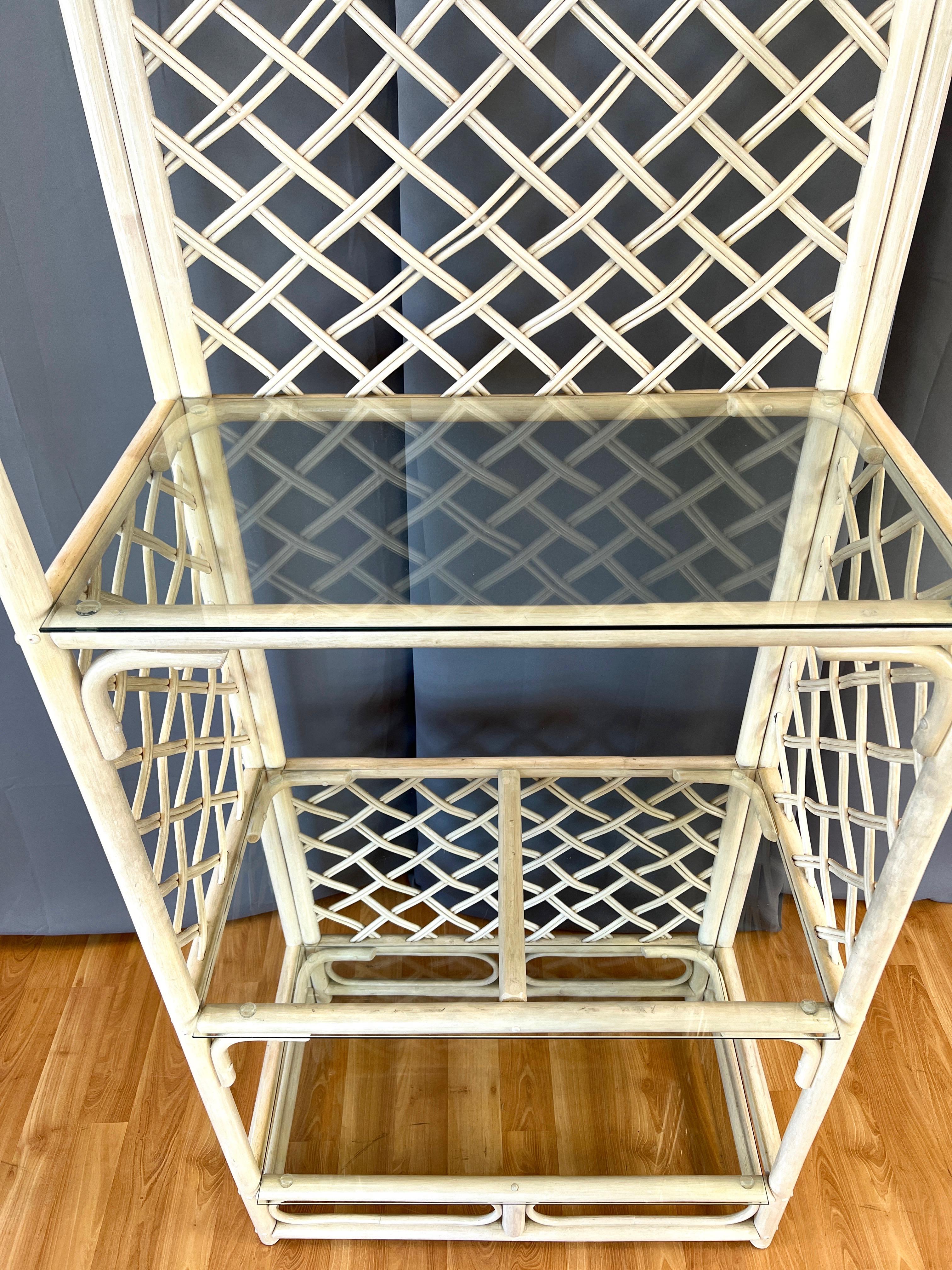 McGuire-Style Arched Cerused Rattan Étagère with Three Glass Shelves, 1970s/80s For Sale 5