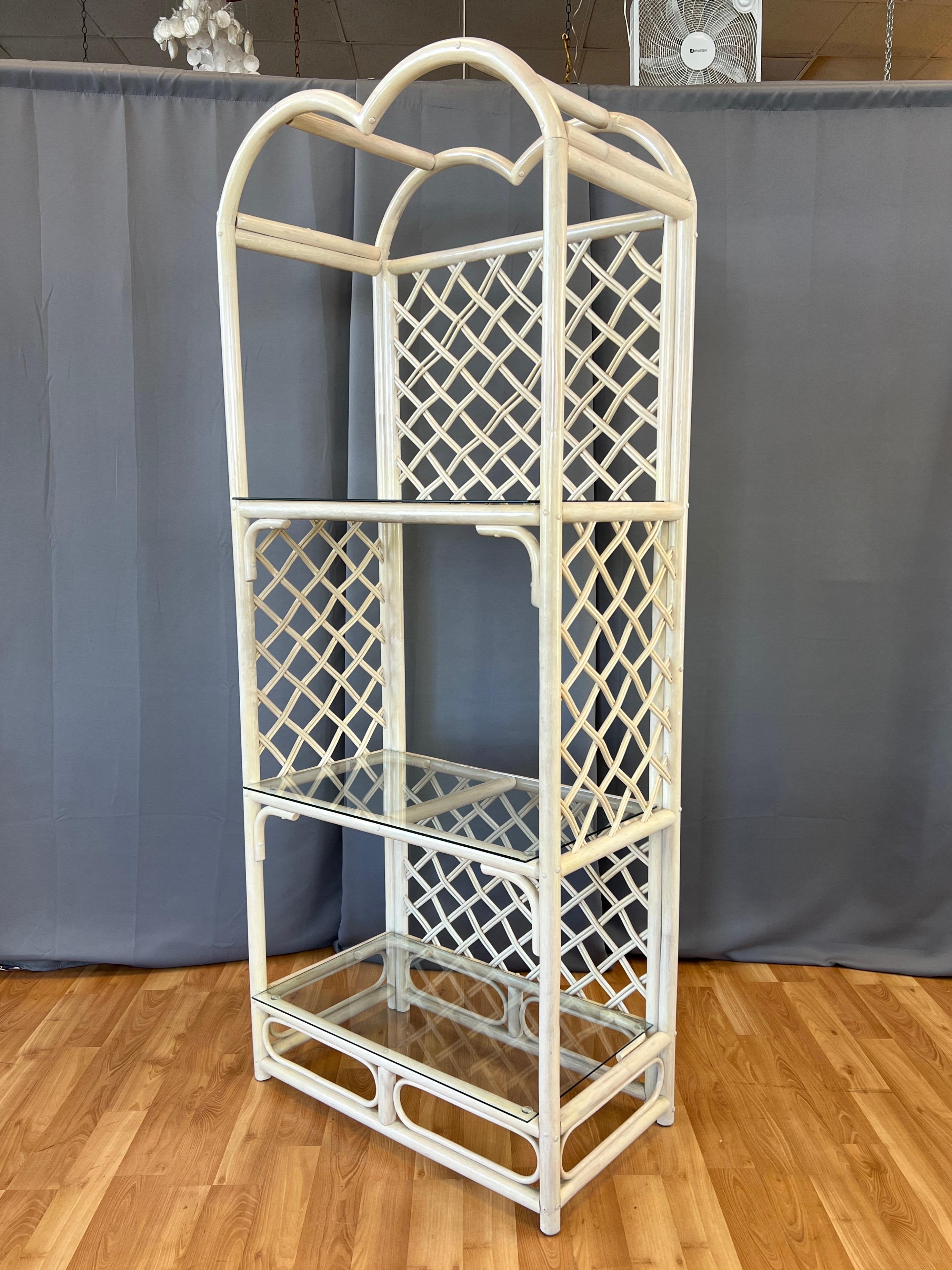 Bohemian McGuire-Style Arched Cerused Rattan Étagère with Three Glass Shelves, 1970s/80s For Sale