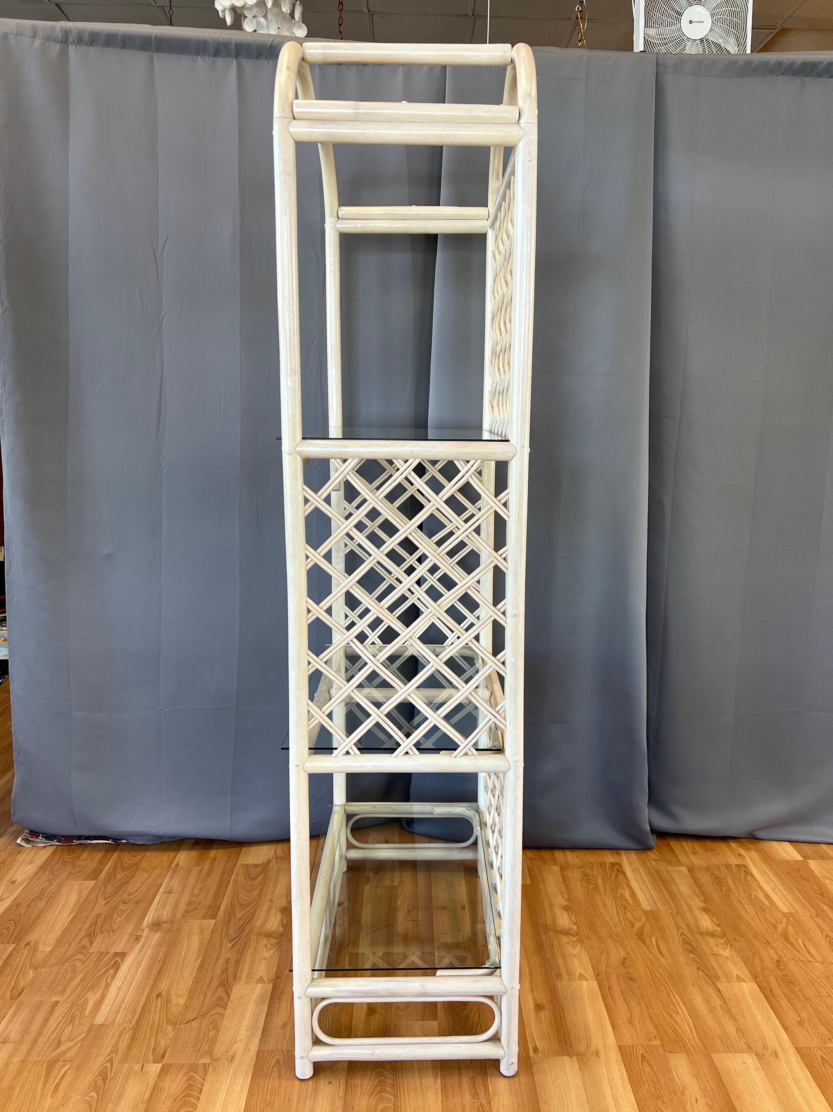 McGuire-Style Arched Cerused Rattan Étagère with Three Glass Shelves, 1970s/80s In Good Condition For Sale In San Francisco, CA