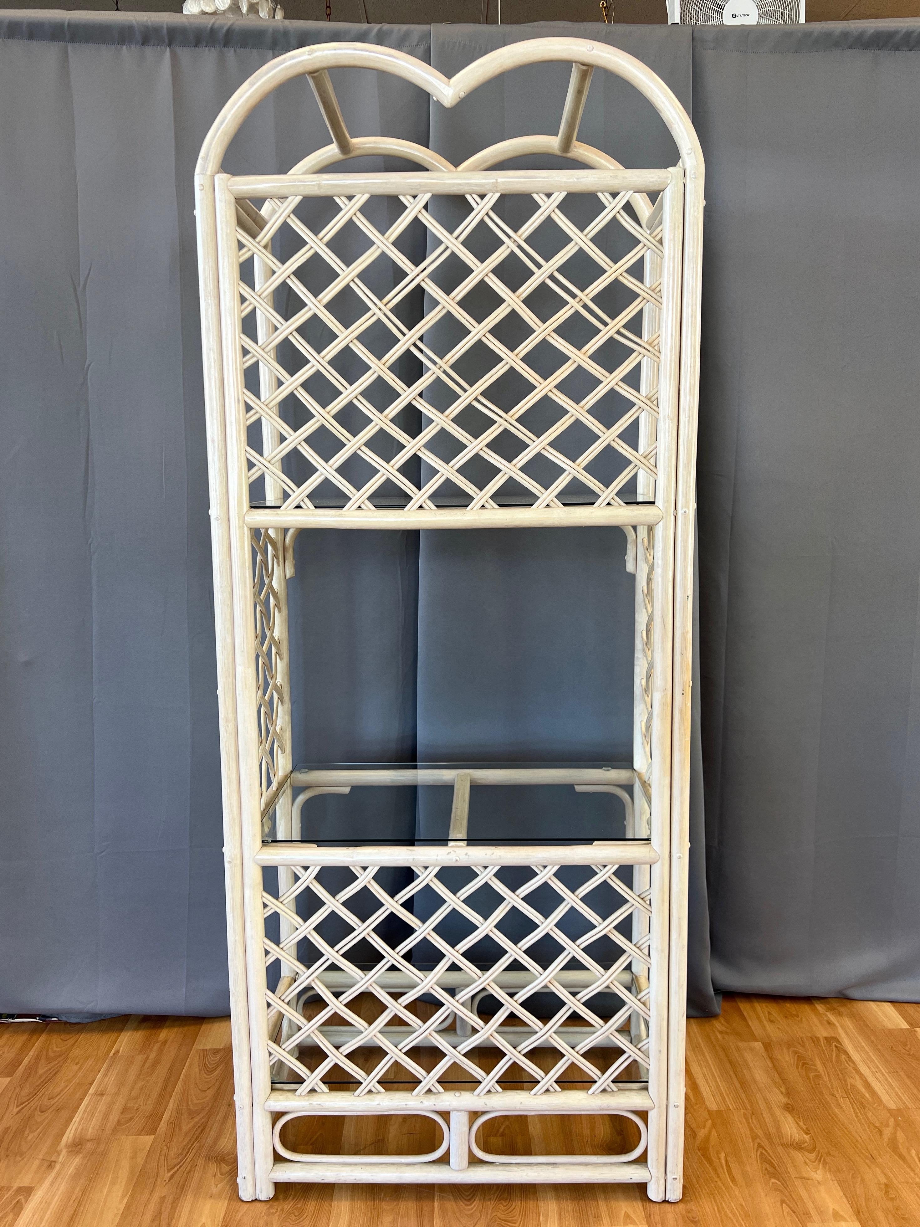 Late 20th Century McGuire-Style Arched Cerused Rattan Étagère with Three Glass Shelves, 1970s/80s For Sale