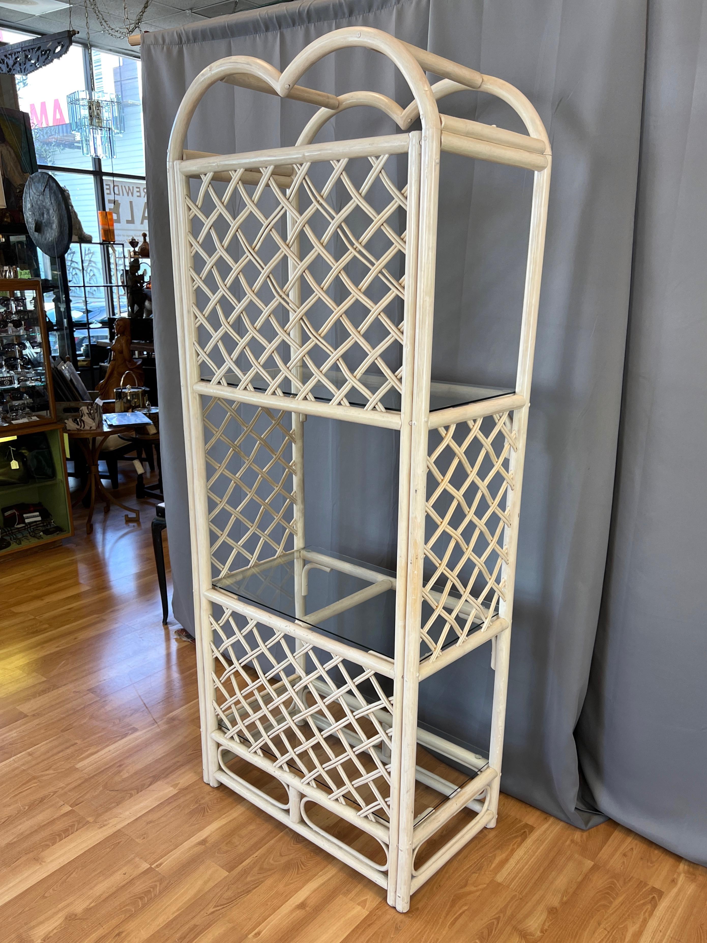 McGuire-Style Arched Cerused Rattan Étagère with Three Glass Shelves, 1970s/80s For Sale 1