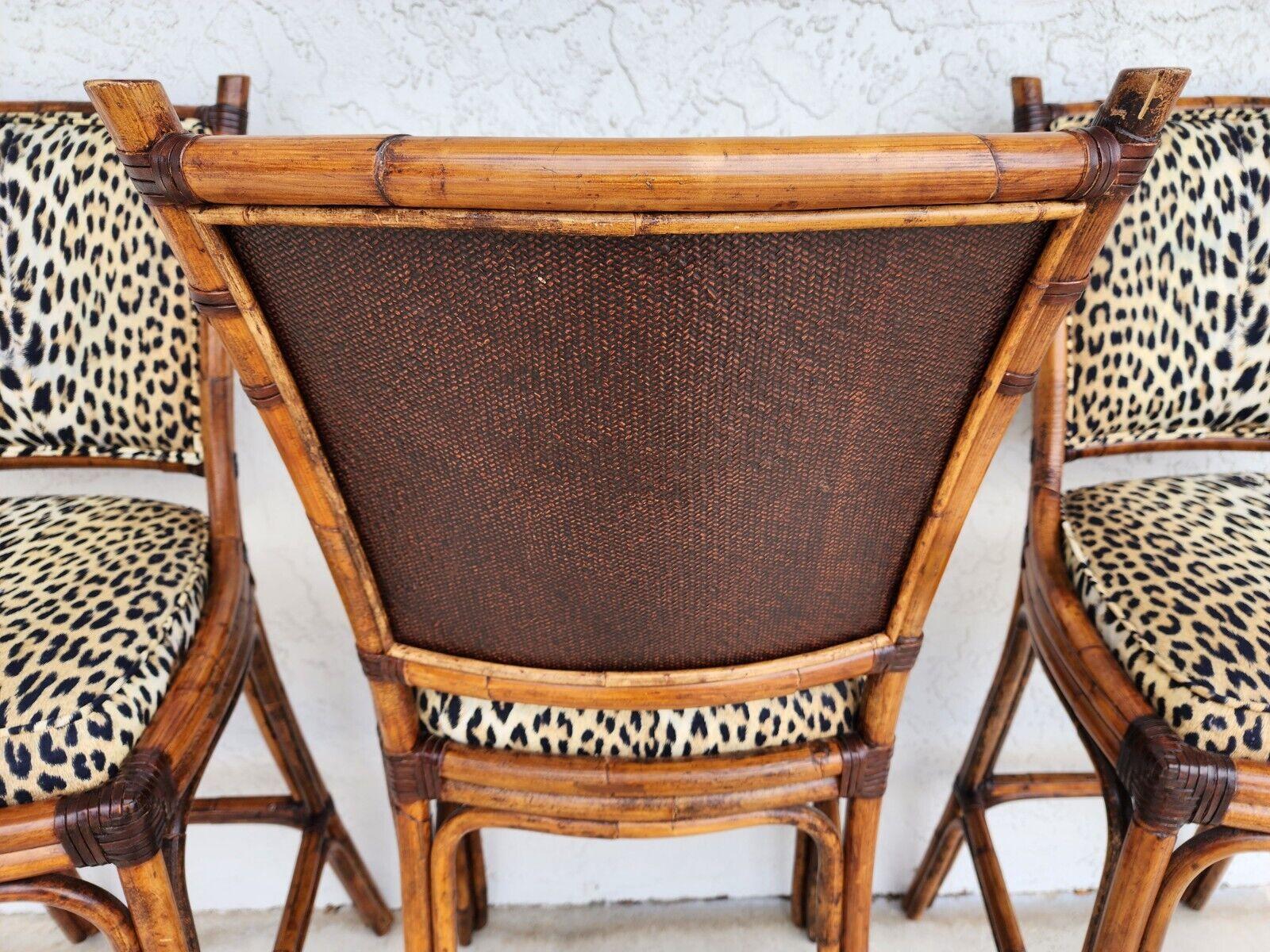 For FULL item description click on CONTINUE READING at the bottom of this page.

Offering One Of Our Recent Palm Beach Estate Fine Furniture Acquisitions Of A 
Set of 3 Bamboo Wicker & Rattan Barstools With Cheetah Leopard Fabric
These are very