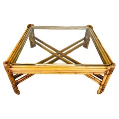 McGuire Style Bohemian Bamboo Square Cocktail Table With Leather Joinery 