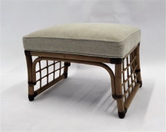 McGuire Style Chenille Upholstered Rattan Stool Ottoman