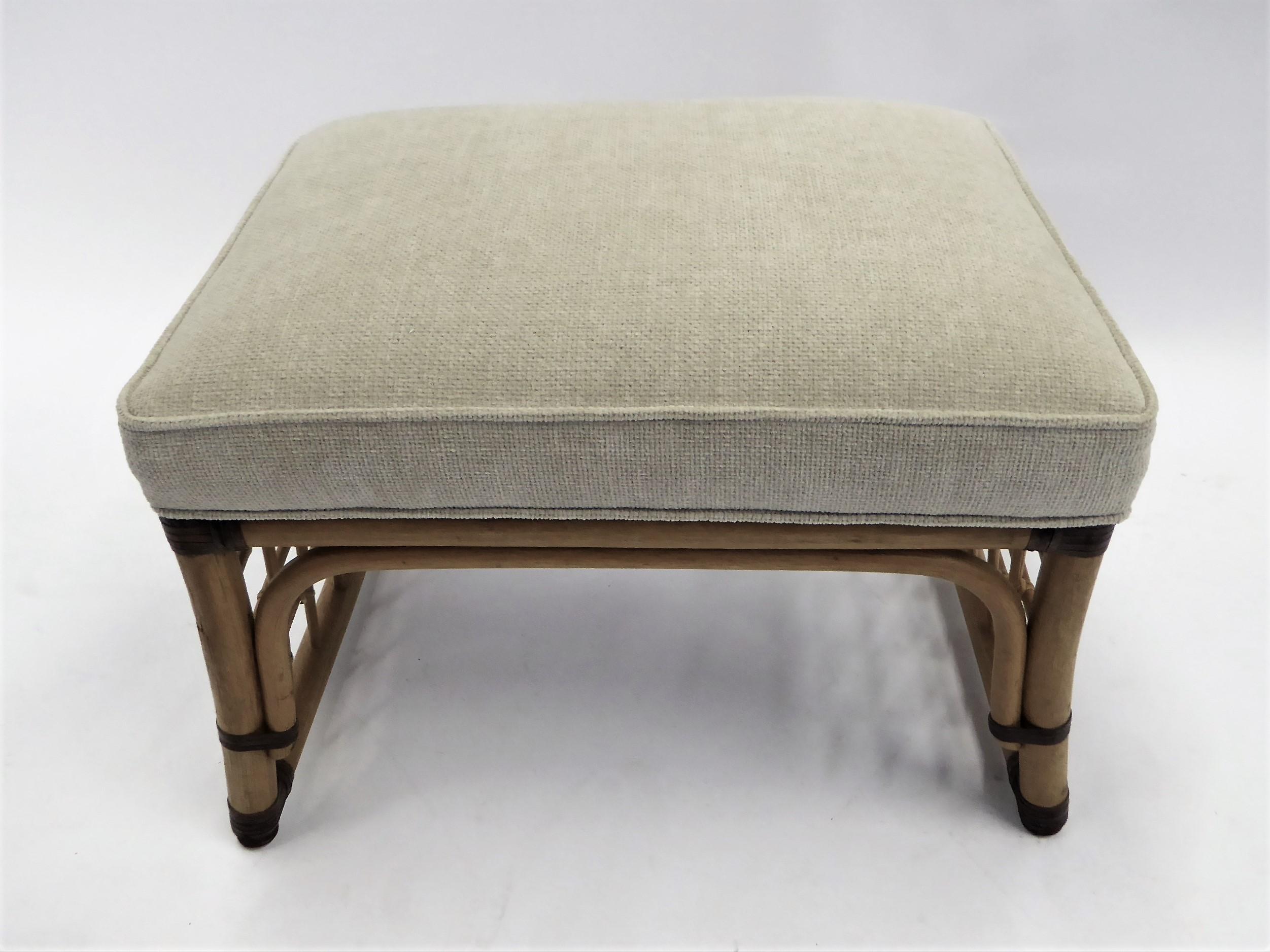 Mid-Century Modern McGuire Style Chenille Upholstered Rattan Stool Ottoman
