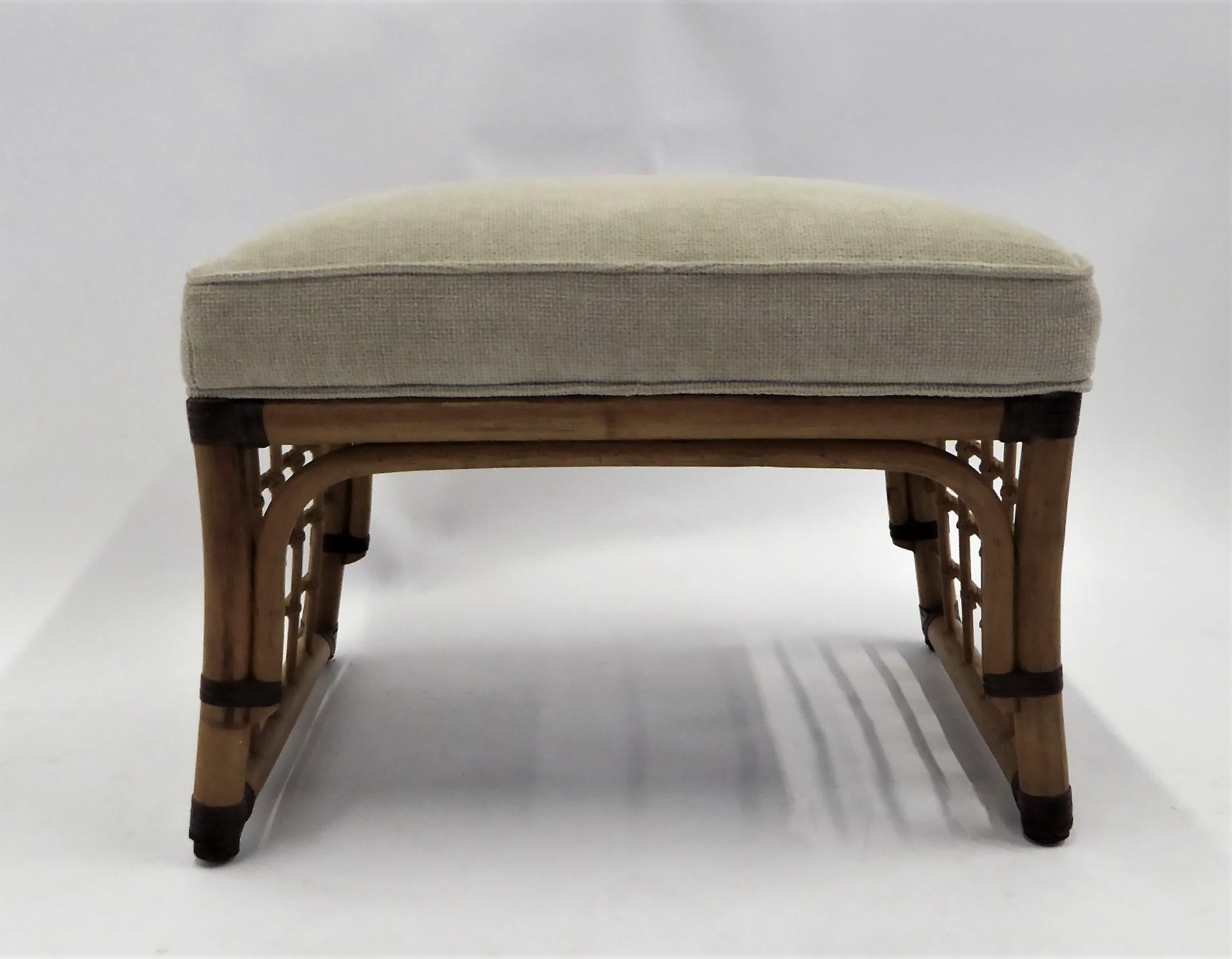 American McGuire Style Chenille Upholstered Rattan Stool Ottoman