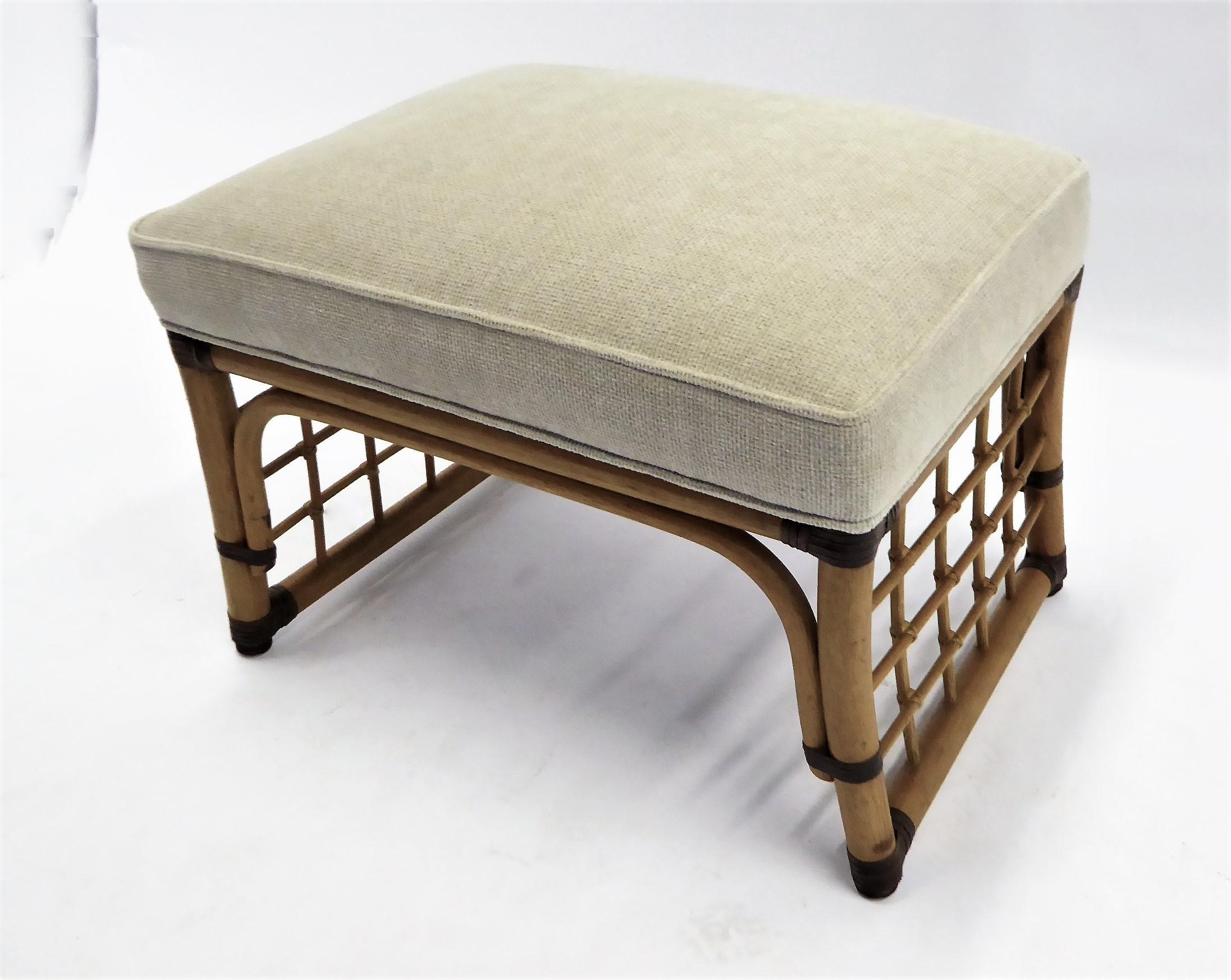 McGuire Style Chenille Upholstered Rattan Stool Ottoman In Good Condition In Miami, FL