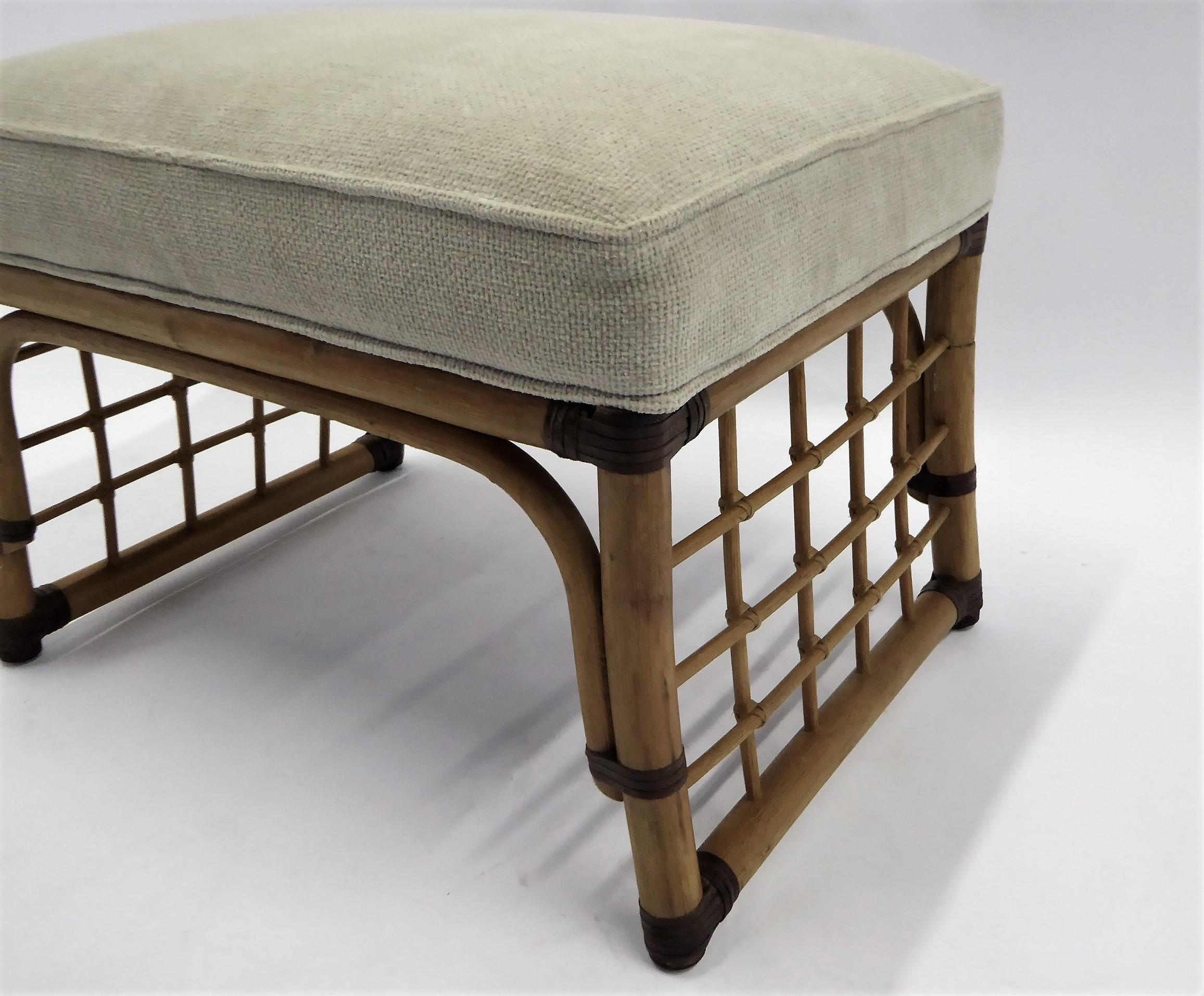 Mid-20th Century McGuire Style Chenille Upholstered Rattan Stool Ottoman