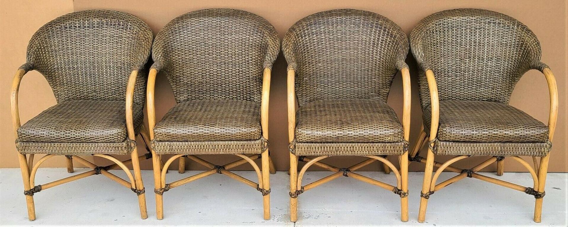 Mid-Century Modern McGuire Style Laced Leather Bentwood Bamboo Rattan Dining Armchairs