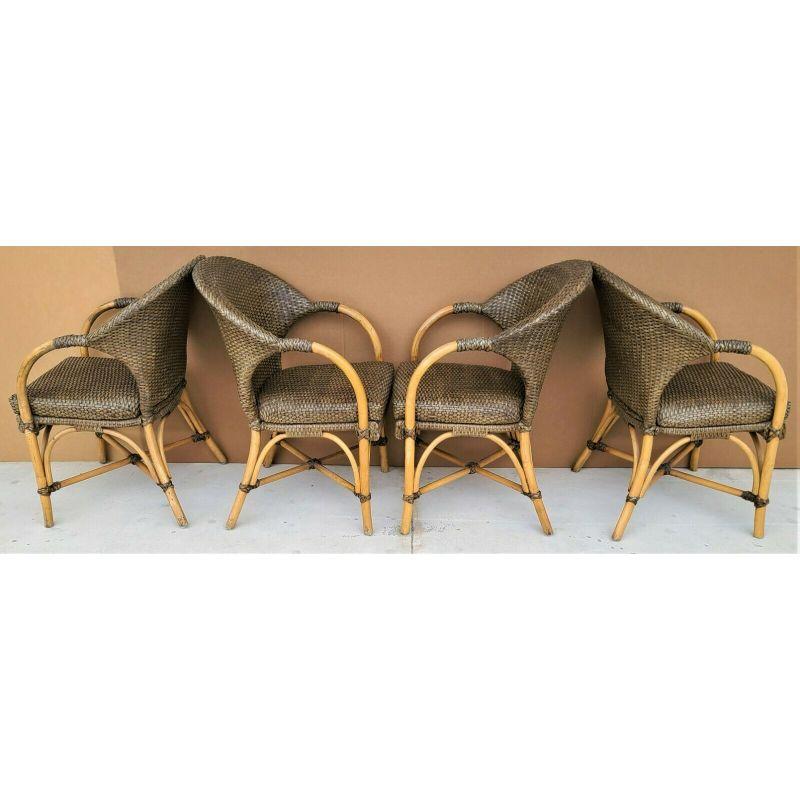 McGuire Style Laced Leather Bentwood Bamboo Rattan Dining Armchairs In Good Condition In Lake Worth, FL