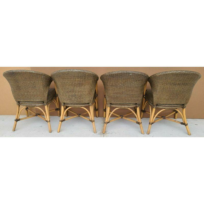 Late 20th Century McGuire Style Laced Leather Bentwood Bamboo Rattan Dining Armchairs