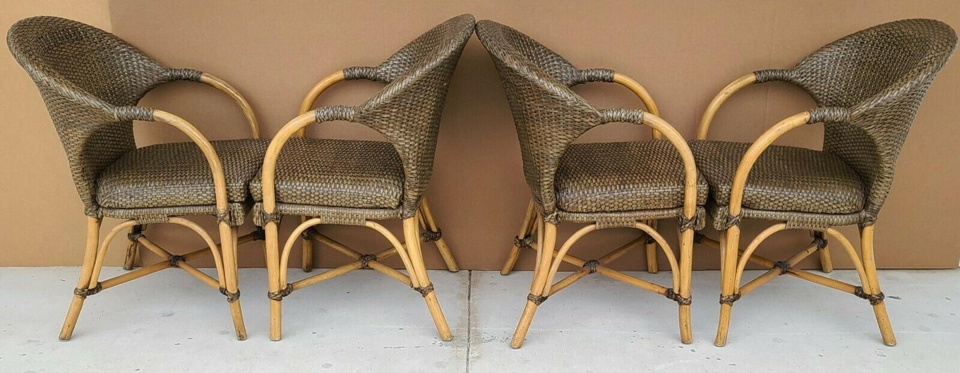 McGuire Style Laced Leather Bentwood Bamboo Rattan Dining Armchairs 1
