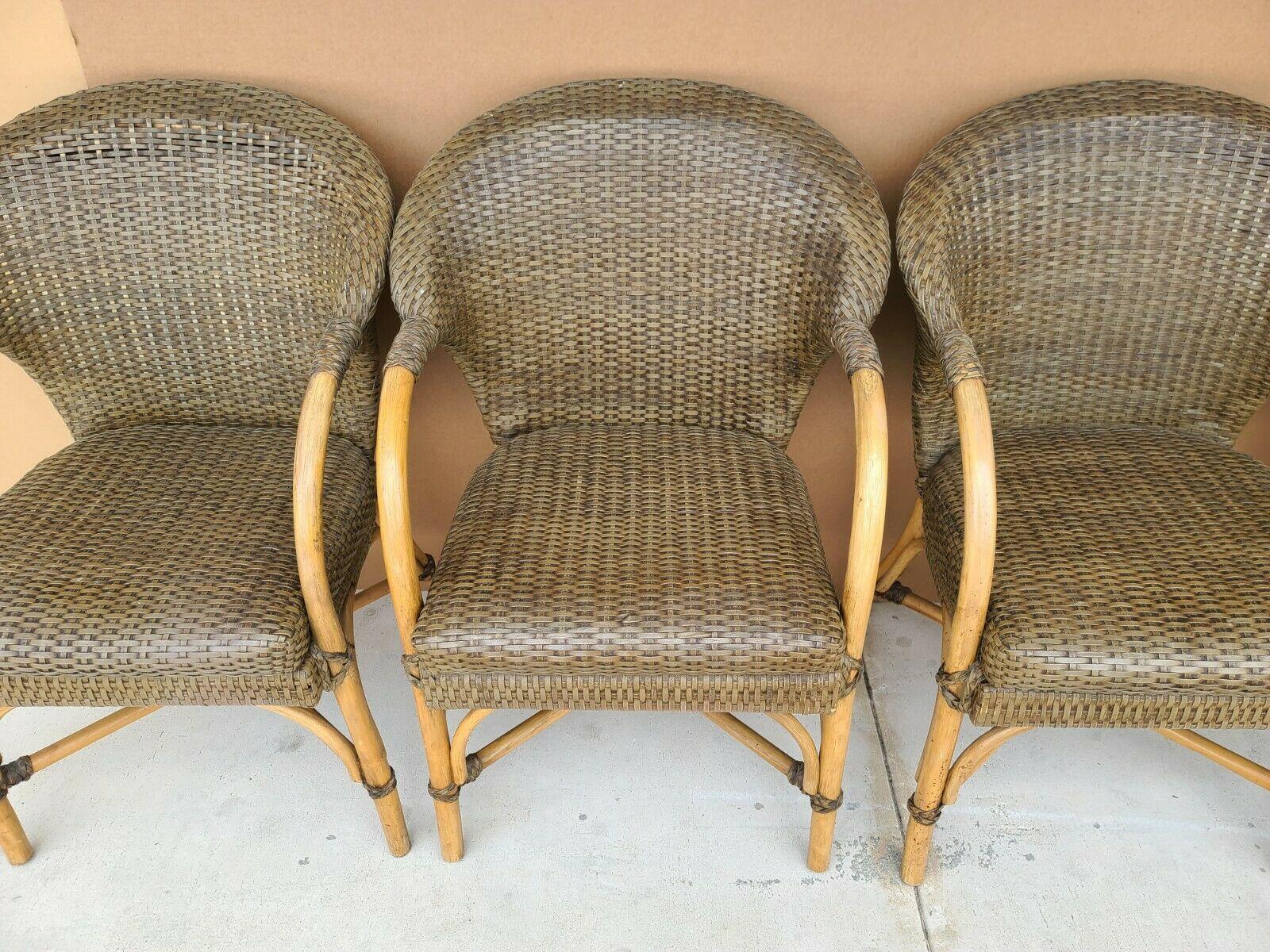 McGuire Style Laced Leather Bentwood Bamboo Rattan Dining Armchairs 3