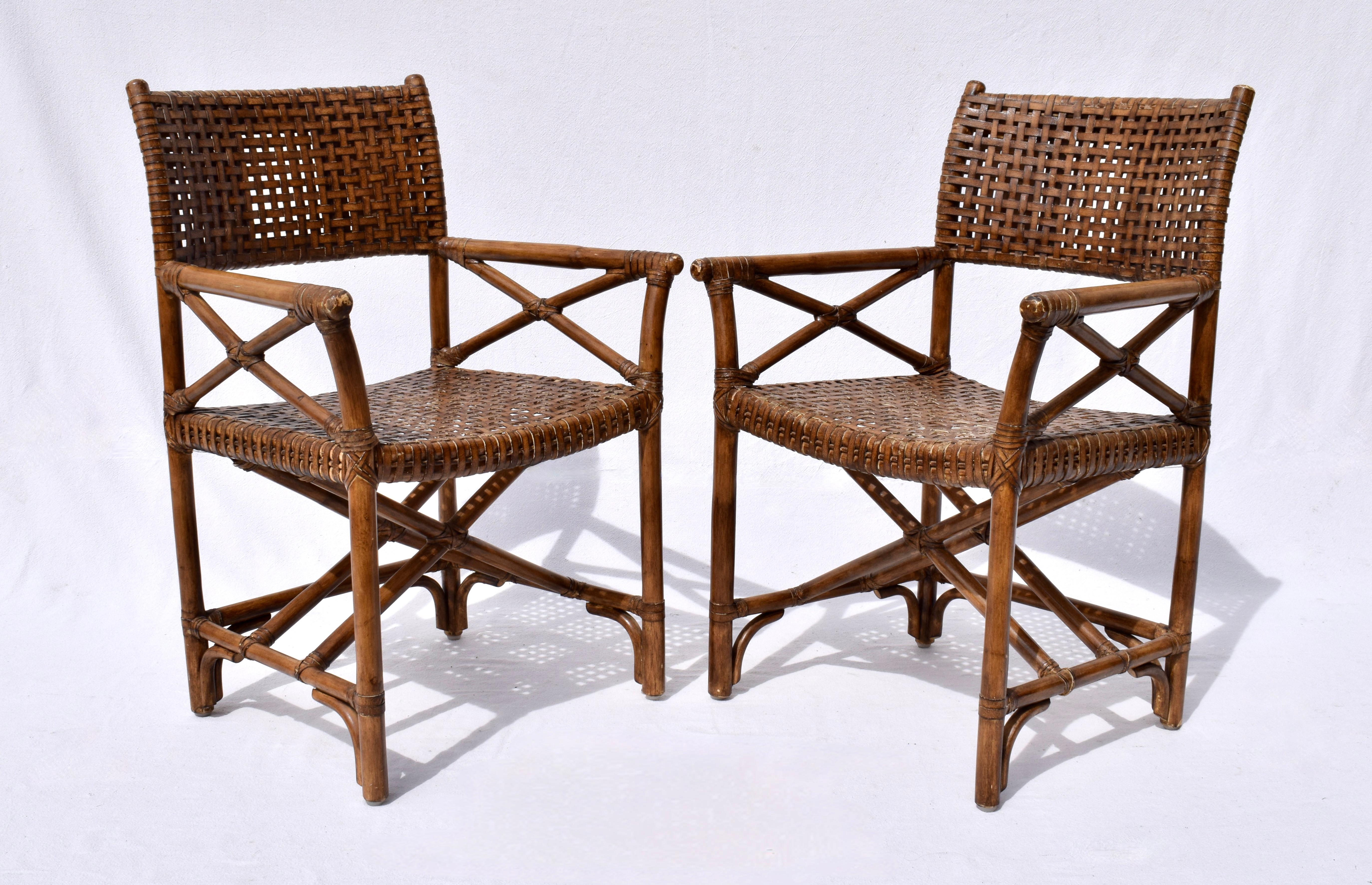 McGuire Style Laced Leather Rawhide Rattan Dining Chairs For Sale 3