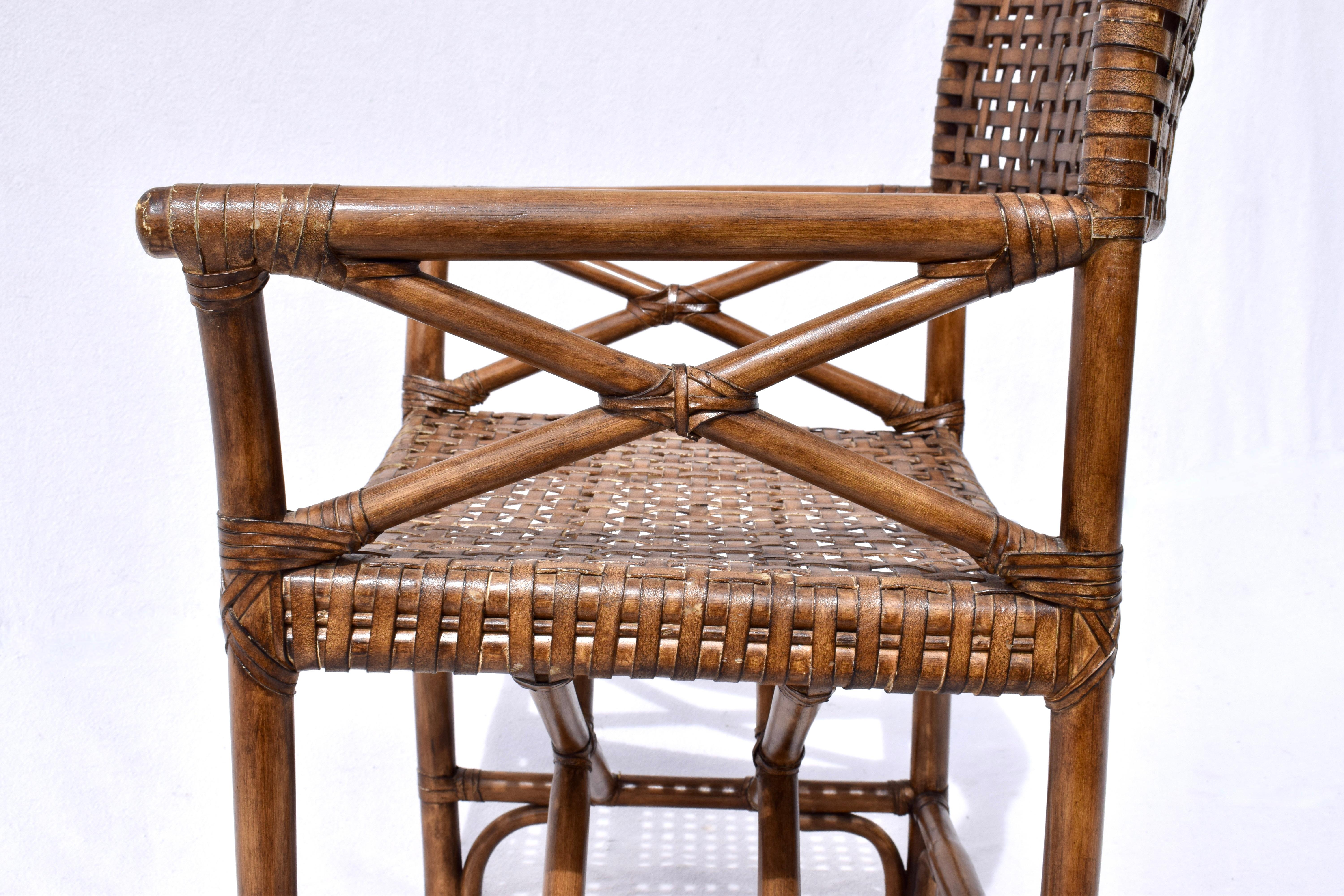 McGuire Style Laced Leather Rawhide Rattan Dining Chairs For Sale 4