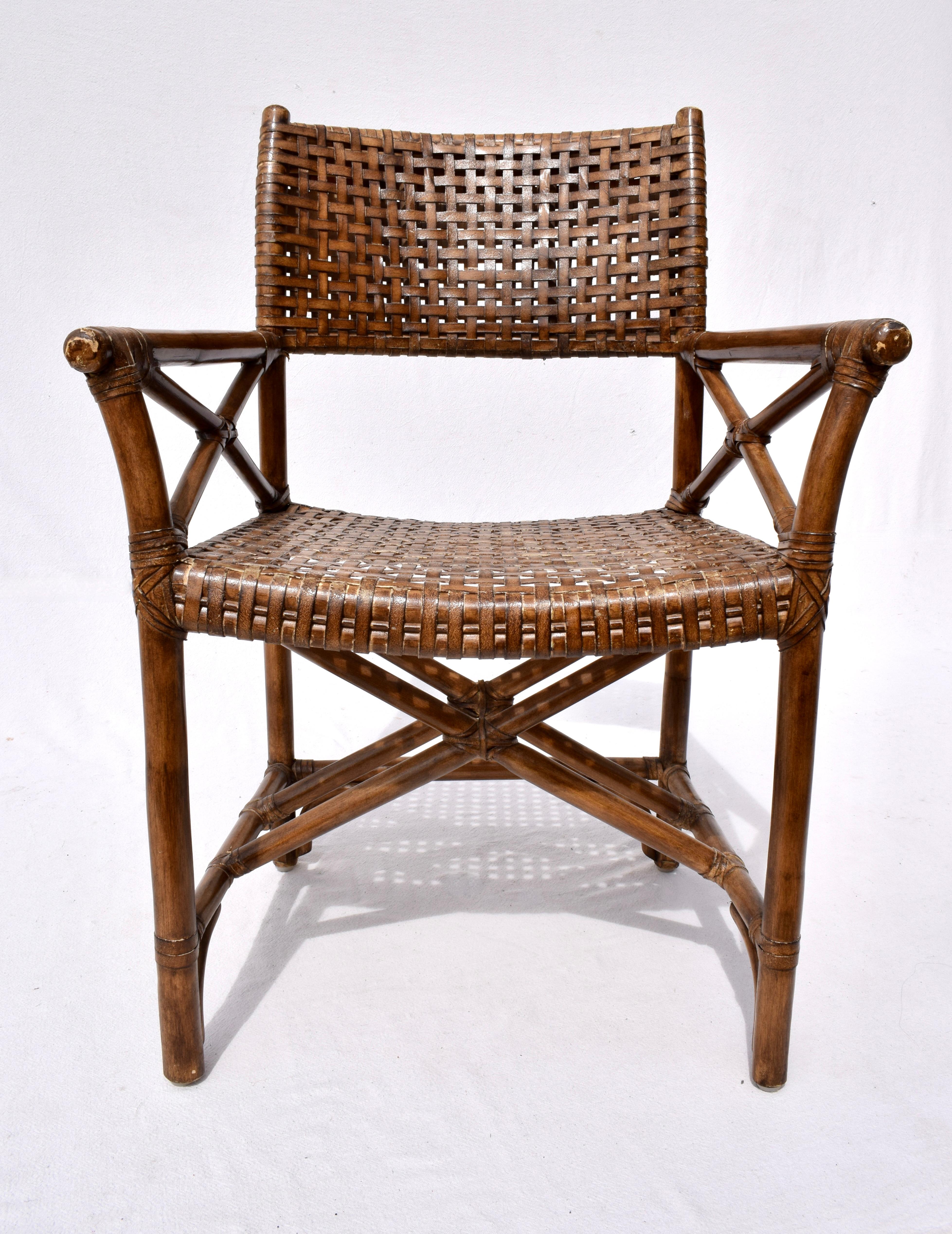 McGuire Style Laced Leather Rawhide Rattan Dining Chairs For Sale 6