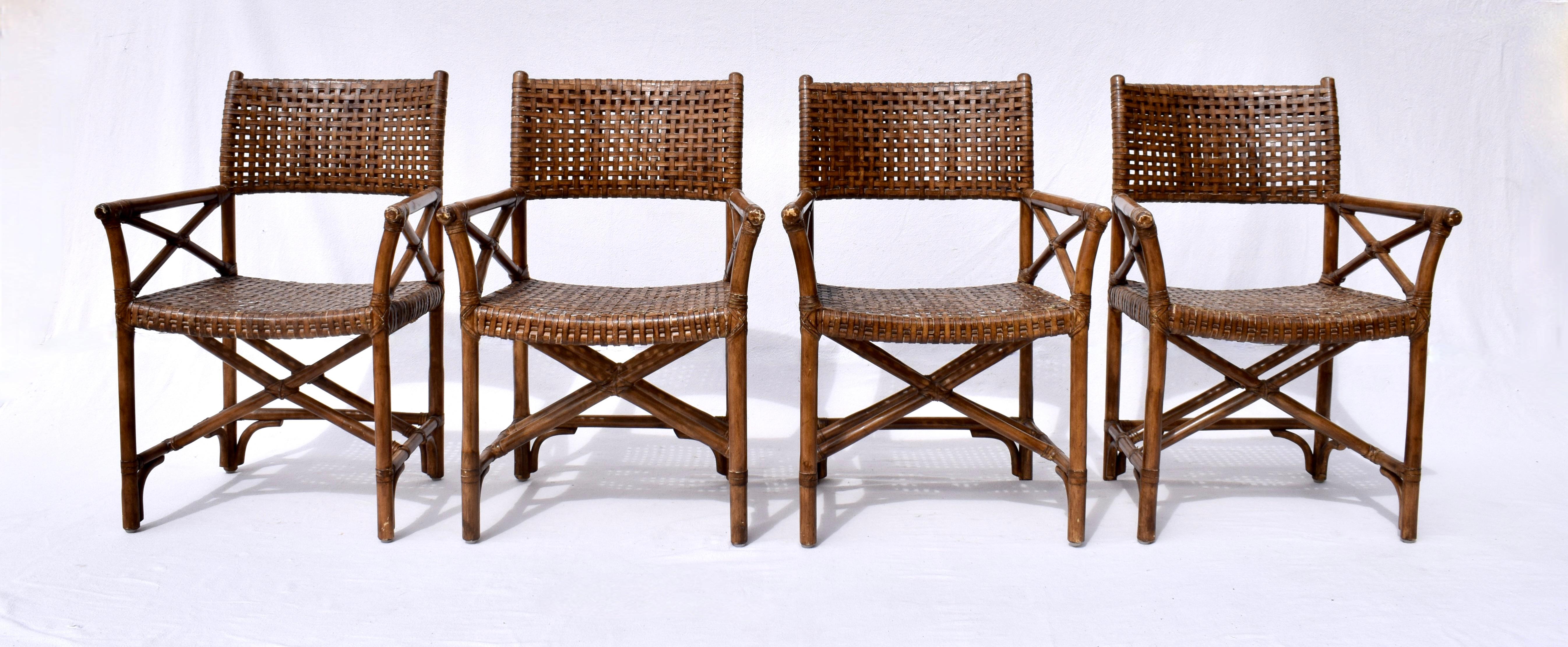 British Colonial McGuire Style Laced Leather Rawhide Rattan Dining Chairs For Sale