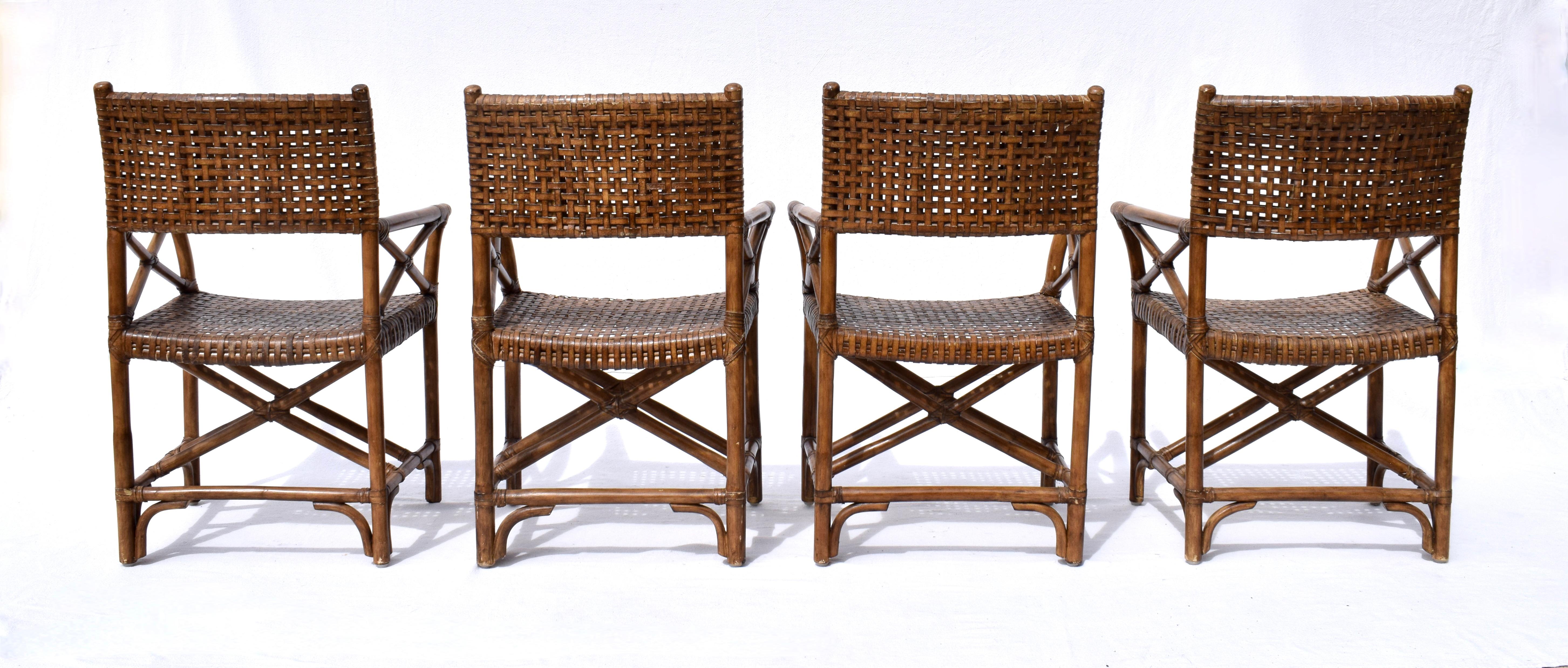 Philippine McGuire Style Laced Leather Rawhide Rattan Dining Chairs For Sale