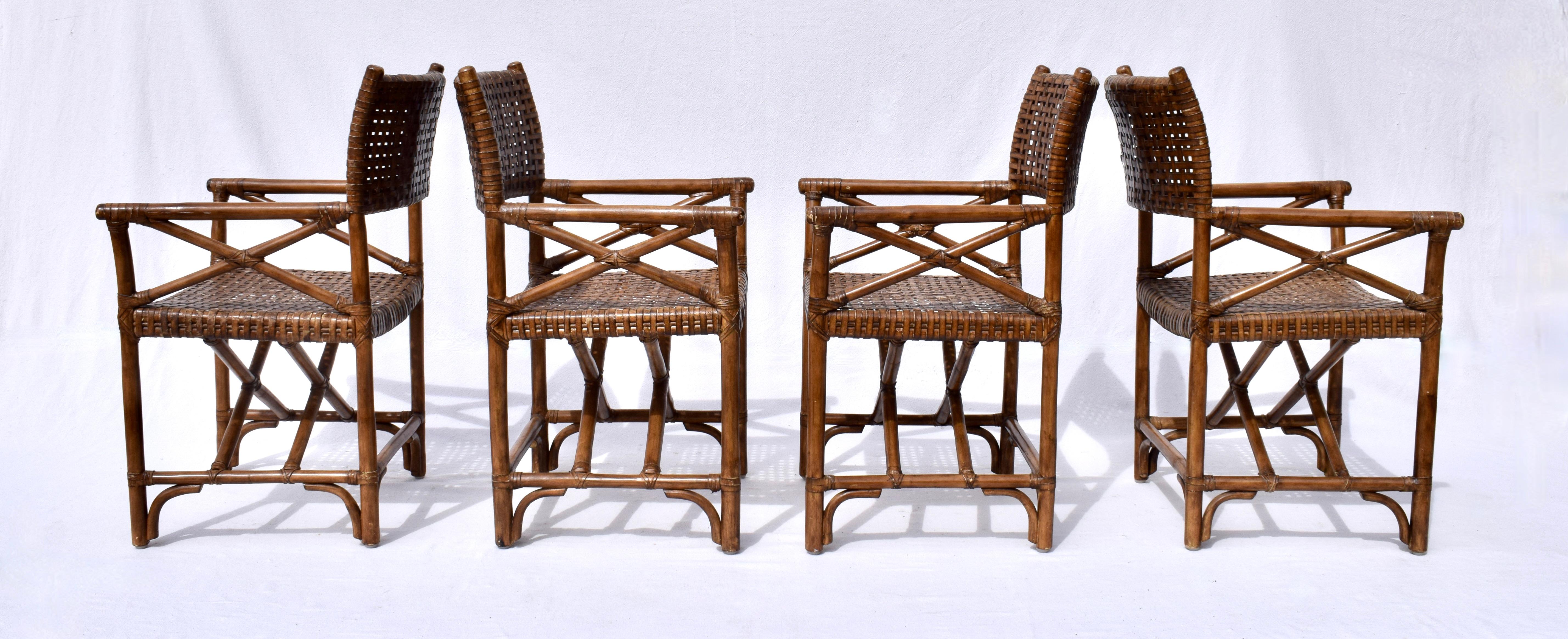 Hand-Woven McGuire Style Laced Leather Rawhide Rattan Dining Chairs For Sale