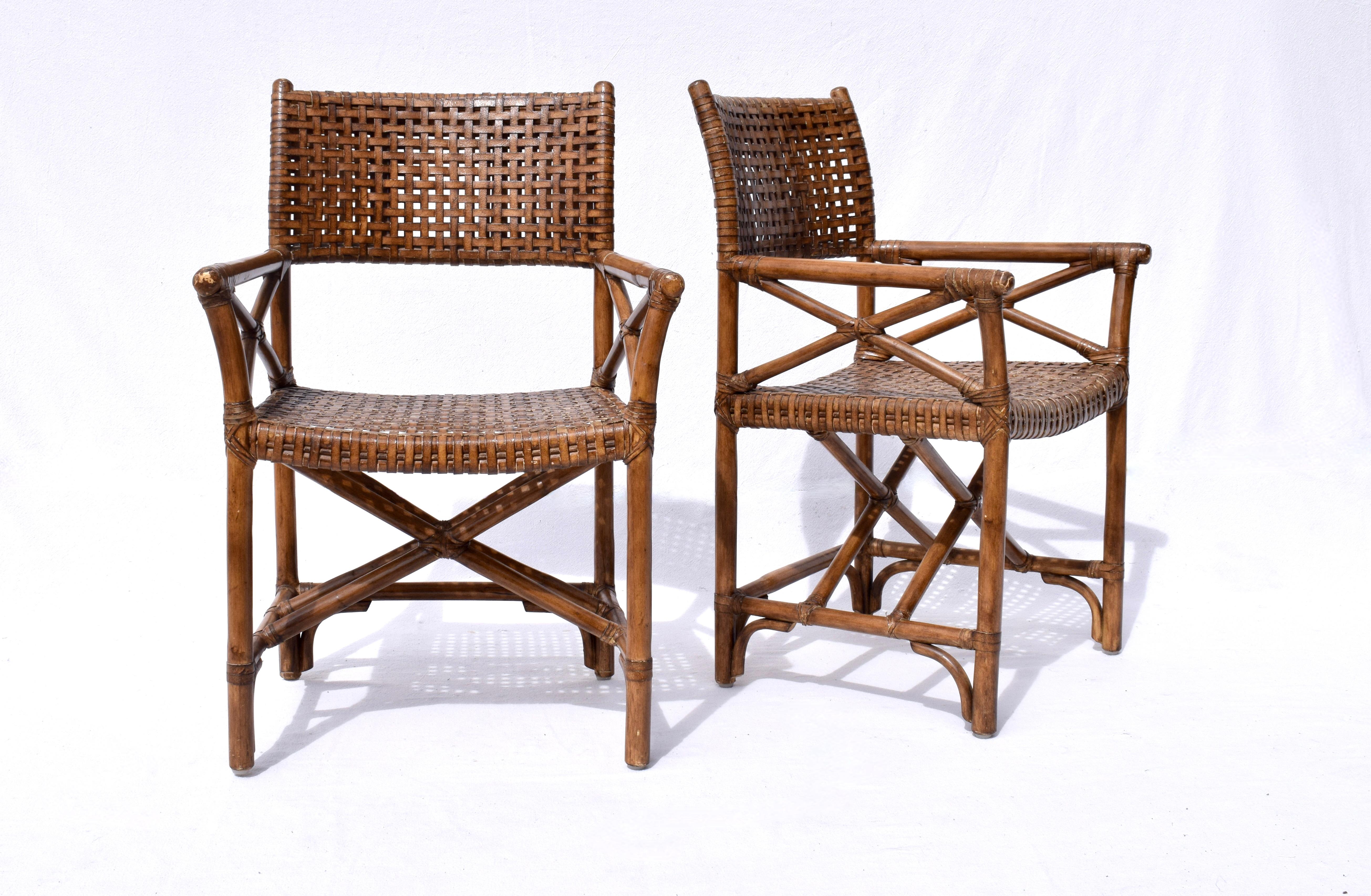 McGuire Style Laced Leather Rawhide Rattan Dining Chairs In Good Condition For Sale In Southampton, NJ