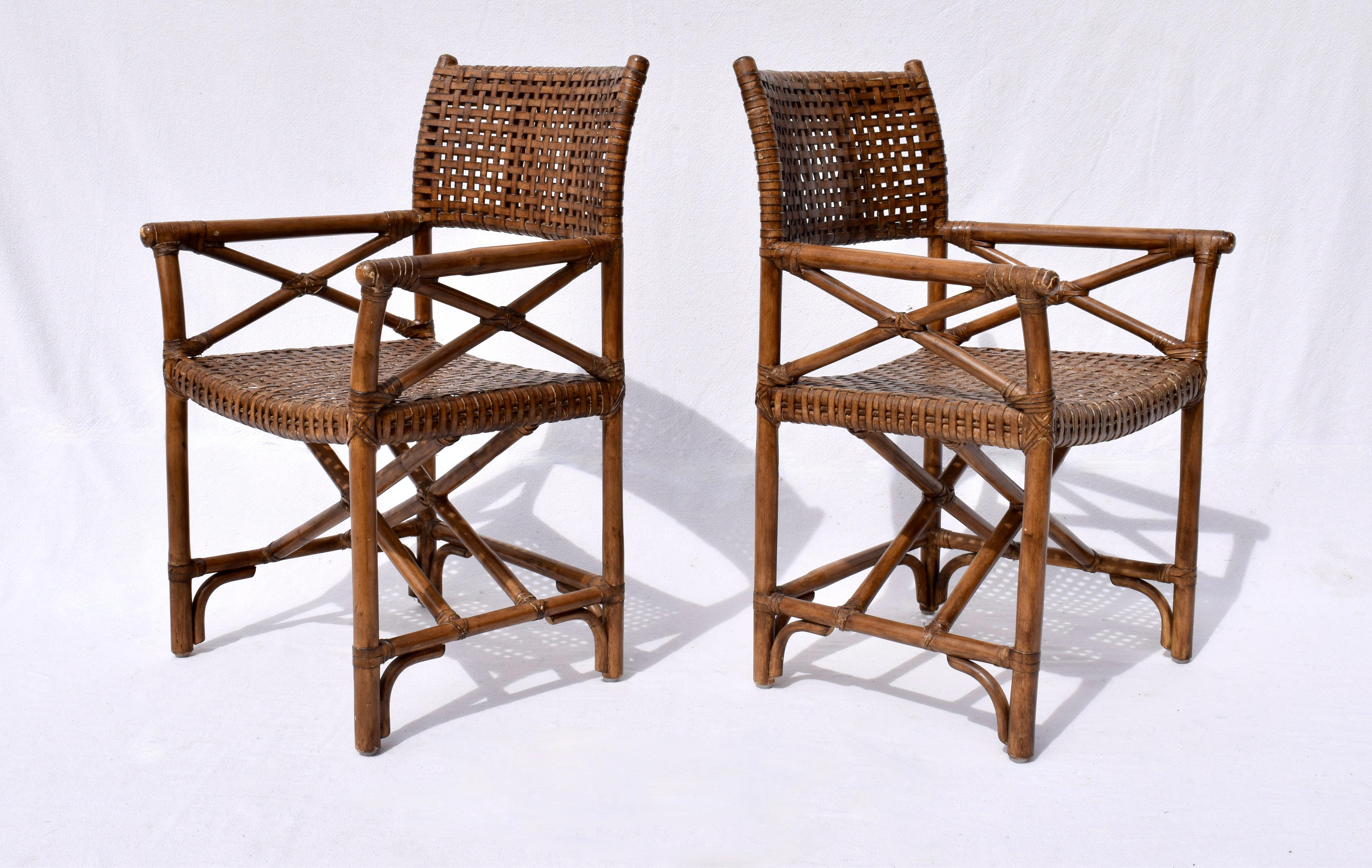 20th Century McGuire Style Laced Leather Rawhide Rattan Dining Chairs For Sale