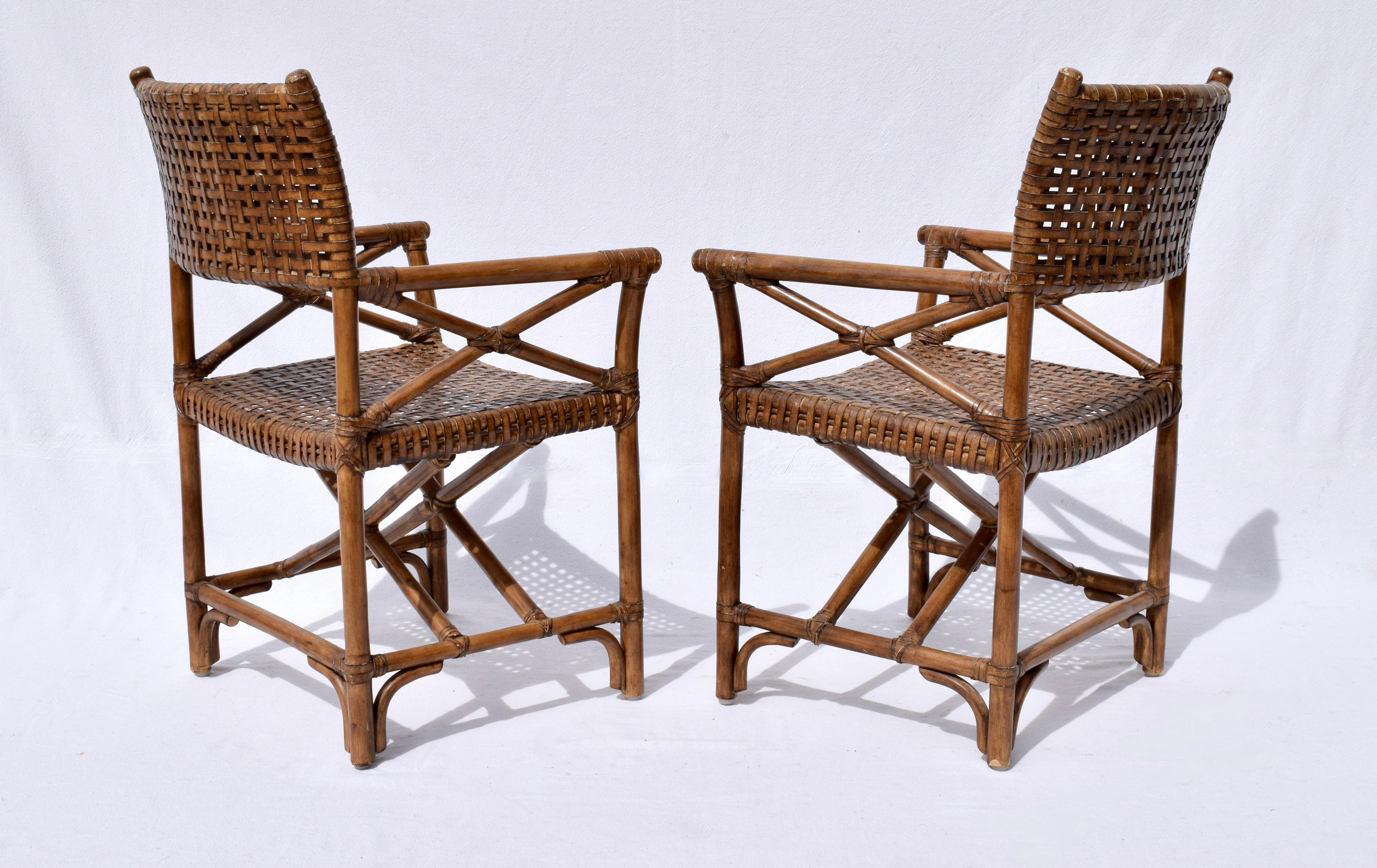 McGuire Style Laced Leather Rawhide Rattan Dining Chairs For Sale 2