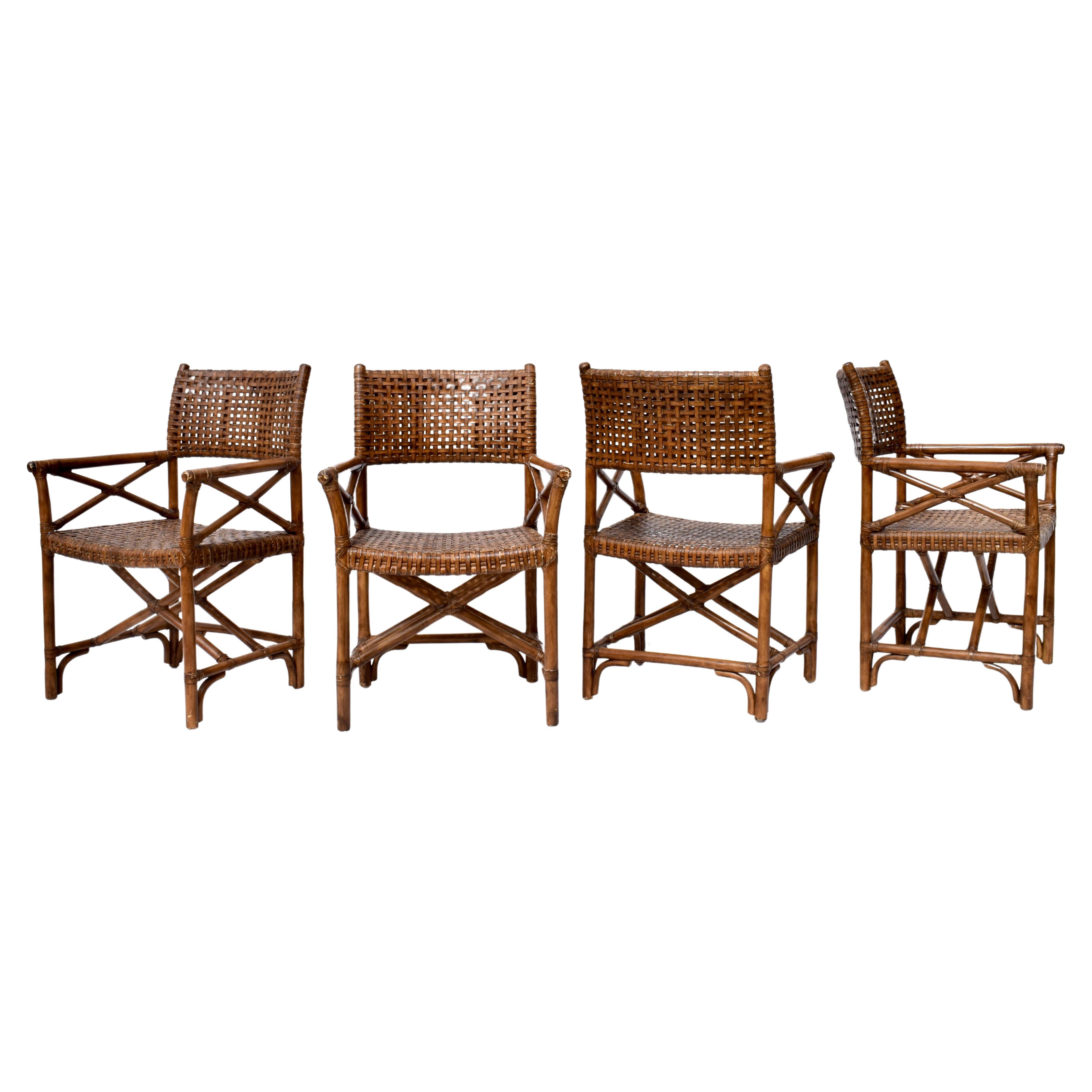 McGuire Style Laced Leather Rawhide Rattan Dining Chairs For Sale