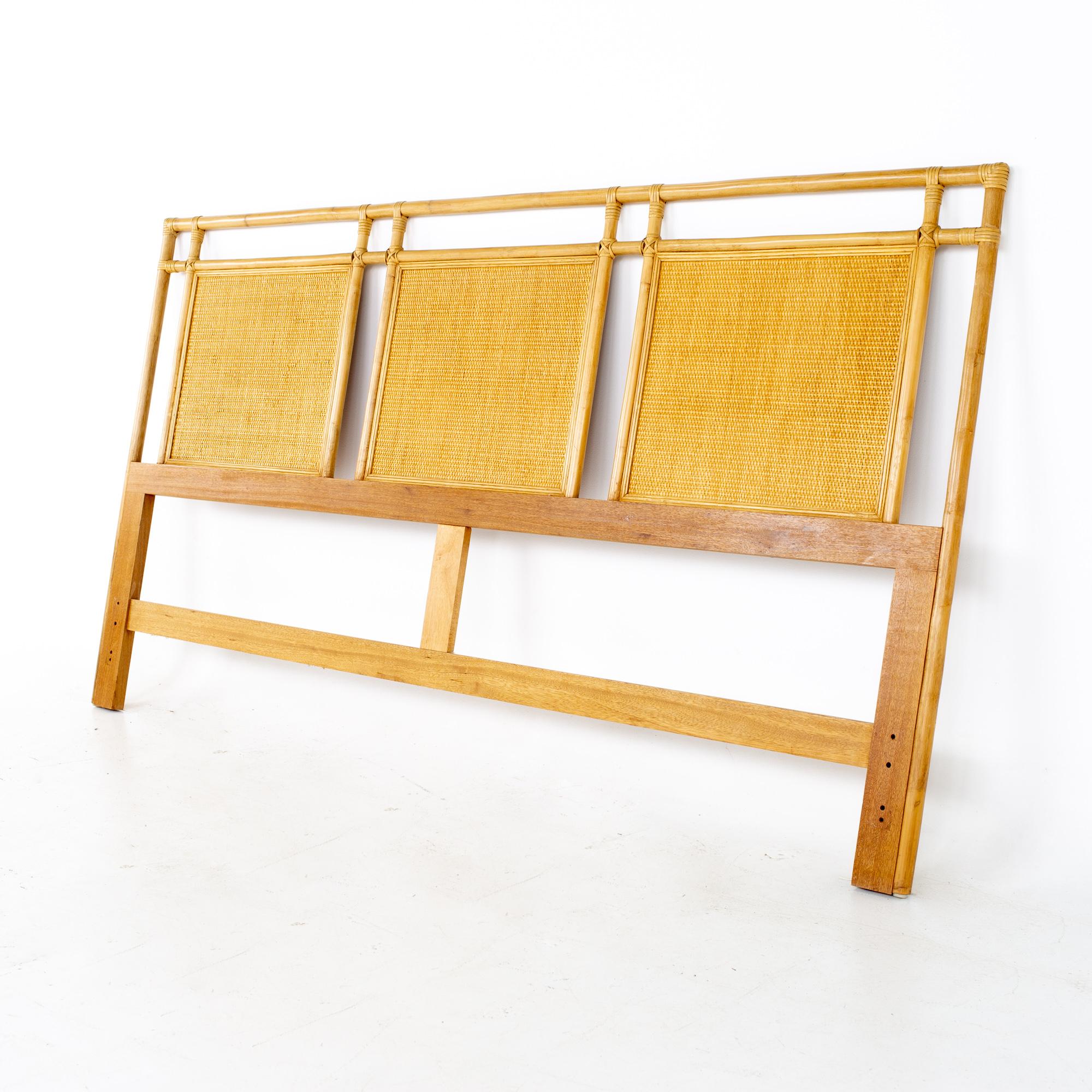 McGuire style mid century bamboo and rattan blonde king headboard
Headboard measures: 80.75 wide x 2 deep x 45 inches high

All pieces of furniture can be had in what we call restored vintage condition. That means the piece is restored upon