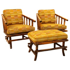 McGuire Style Mid Century Bamboo Lounge Chairs with Ottoman - Pair