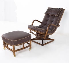 Mcguire Style Mid Century Bamboo Reclining Swivel Lounge Chair and Ottoman