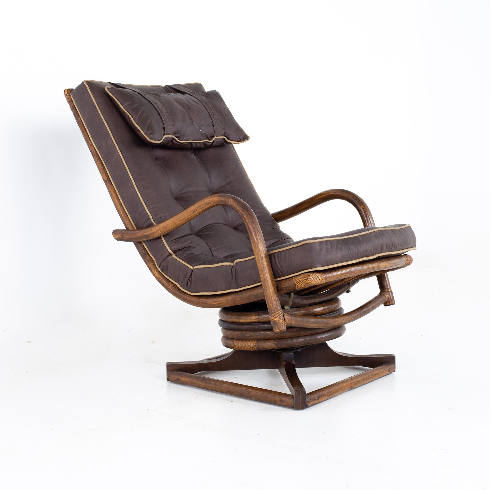 American Mcguire Style Mid Century Bamboo Reclining Swivel Lounge Chair and Ottoman