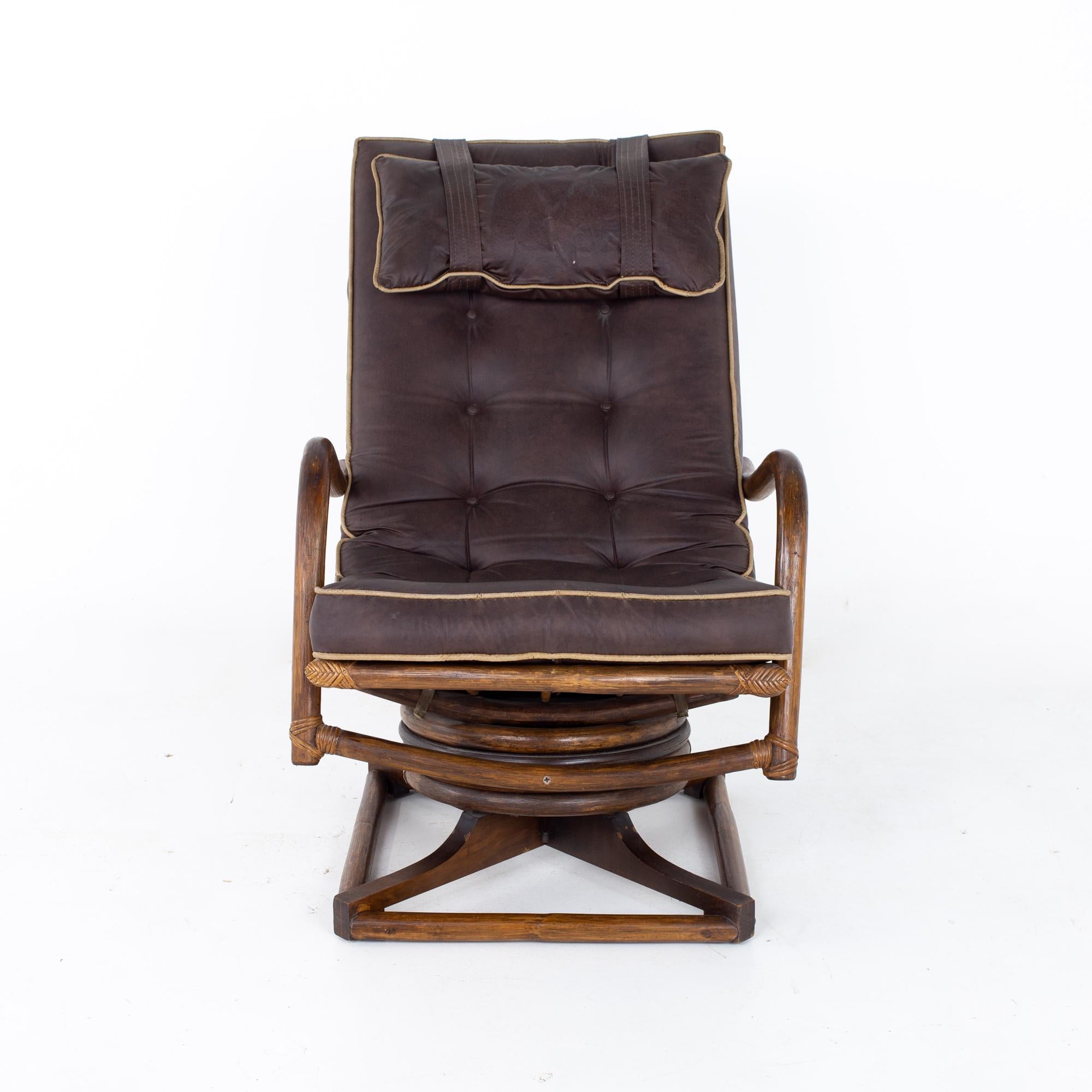 Late 20th Century Mcguire Style Mid Century Bamboo Reclining Swivel Lounge Chair and Ottoman