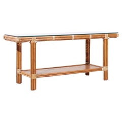 McGuire Style Mid Century Rattan and Glass Console Table