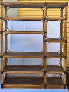 McGuire Style Modern Rattan / Bamboo Leather Wrapped Etagere / Shelf / Bookcase