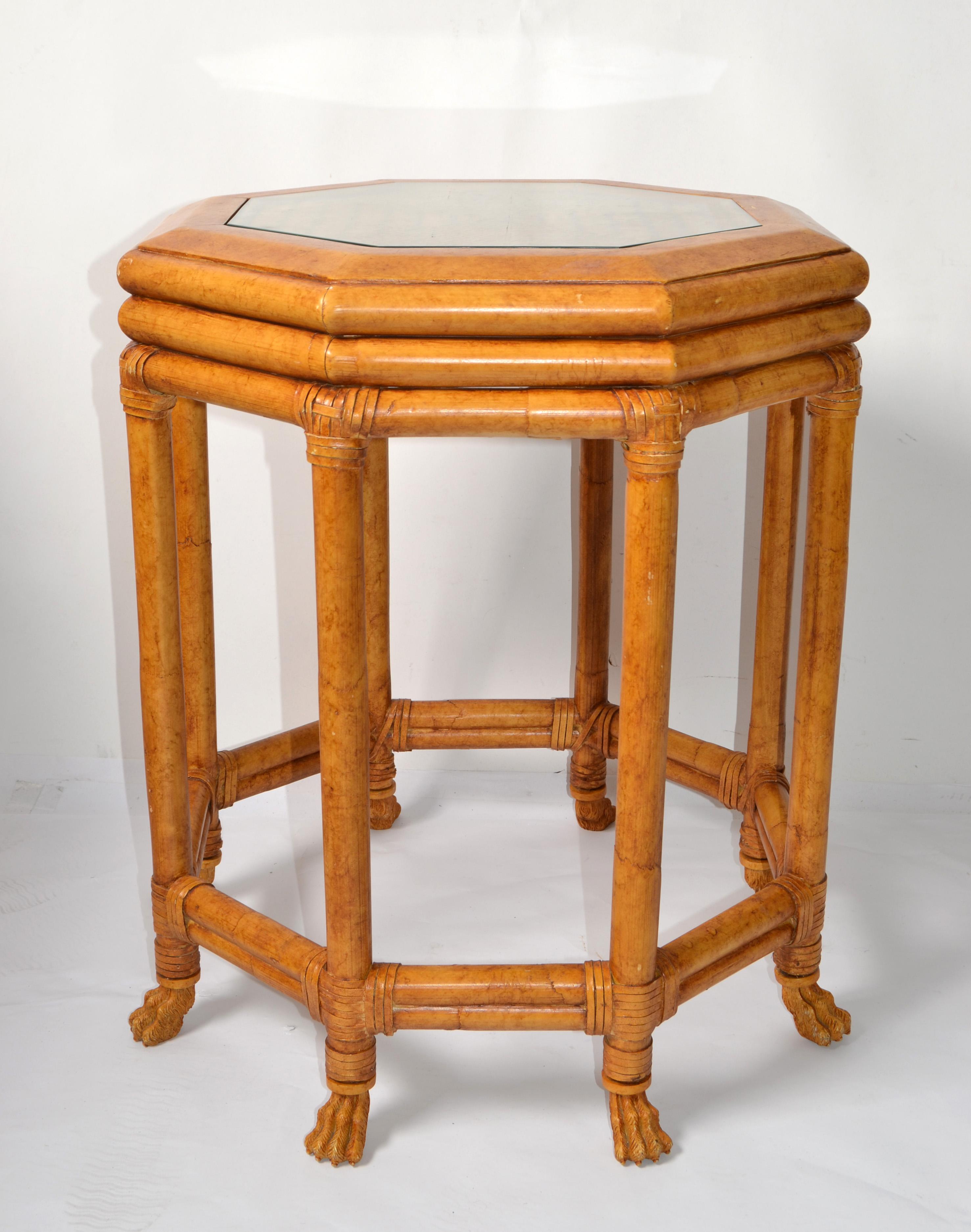 McGuire Style Octagonal Bamboo Burl Veneer Leather Bindings Glass Accent Table  For Sale 7