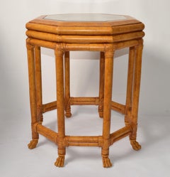 McGuire Style Octagonal Bamboo Burl Veneer Leather Bindings Glass Accent Table