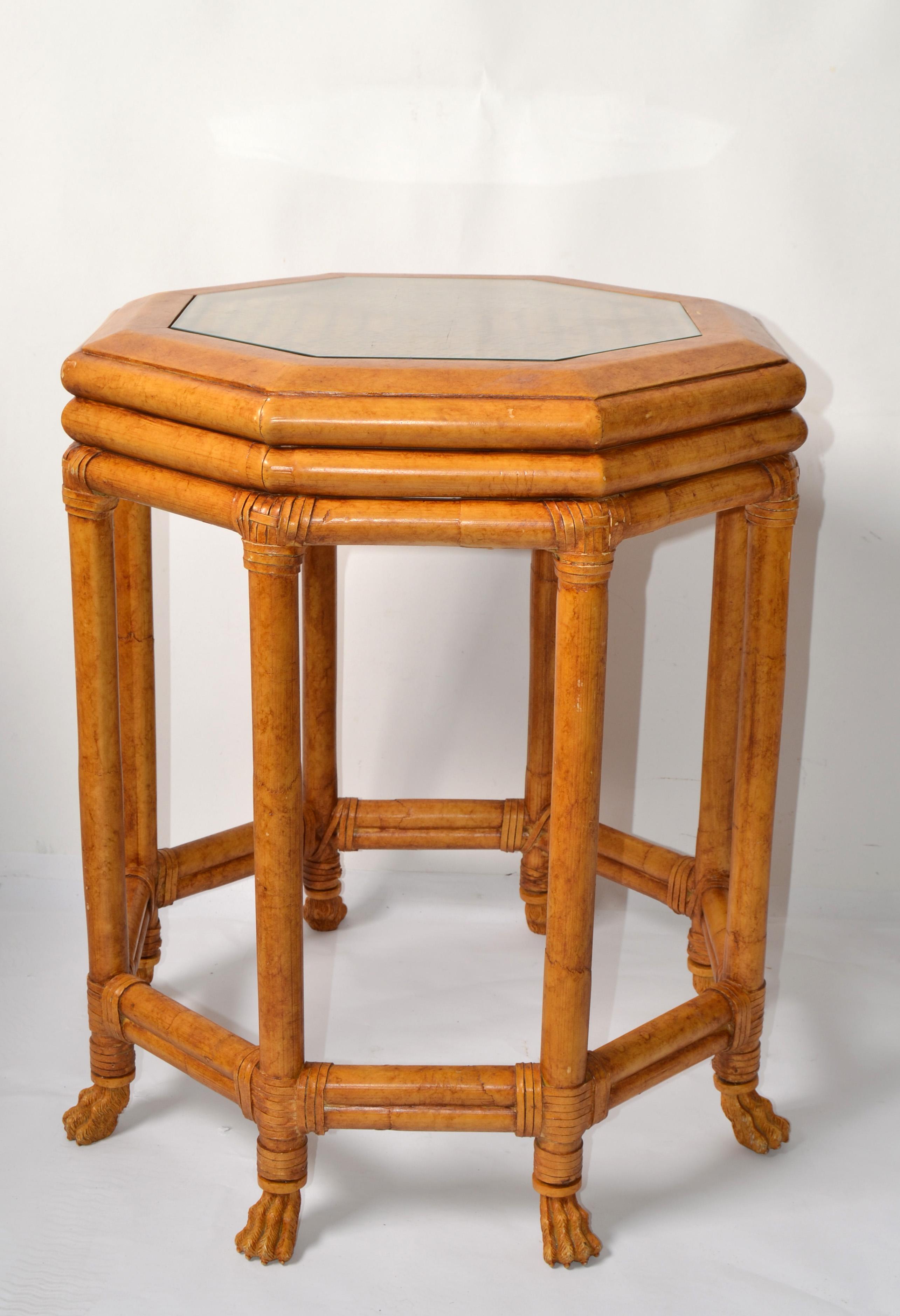 Hollywood Regency McGuire Style Octagonal Bamboo Burl Veneer Leather Bindings Glass Accent Table  For Sale