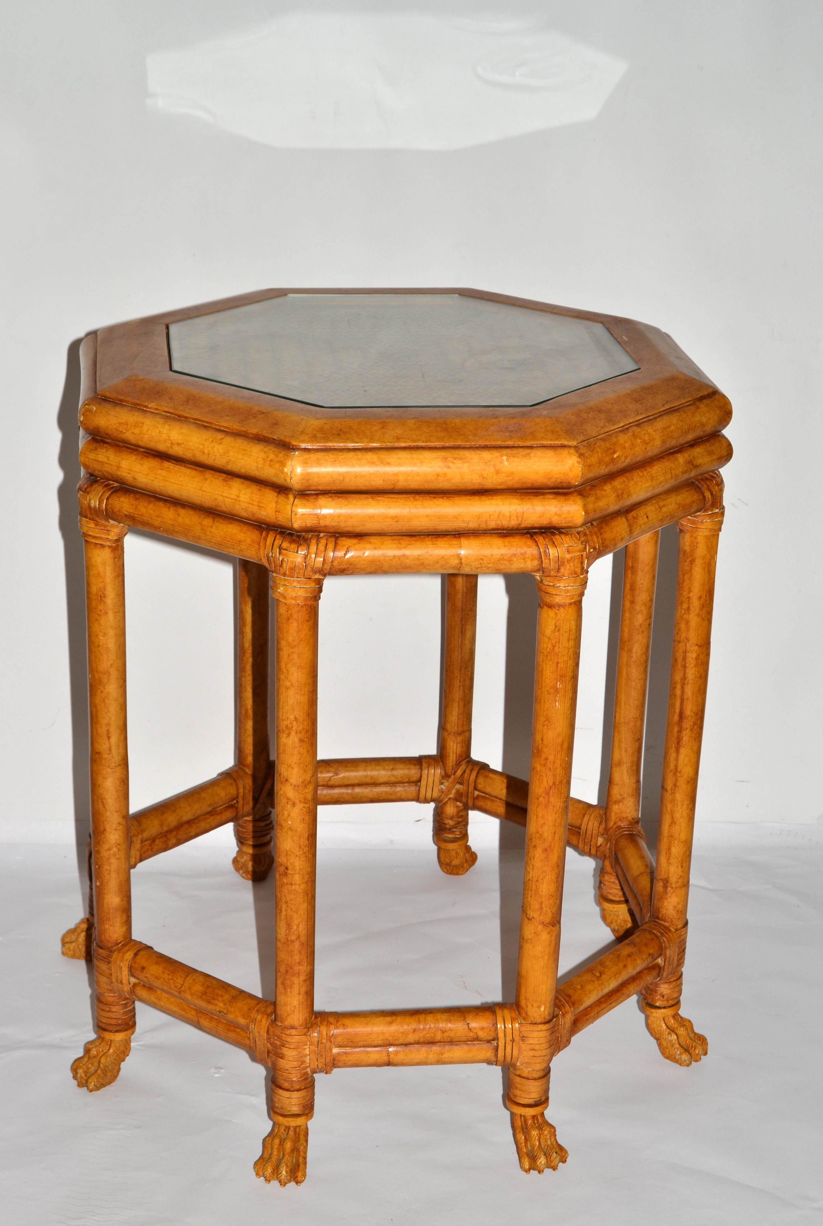American McGuire Style Octagonal Bamboo Burl Veneer Leather Bindings Glass Accent Table  For Sale