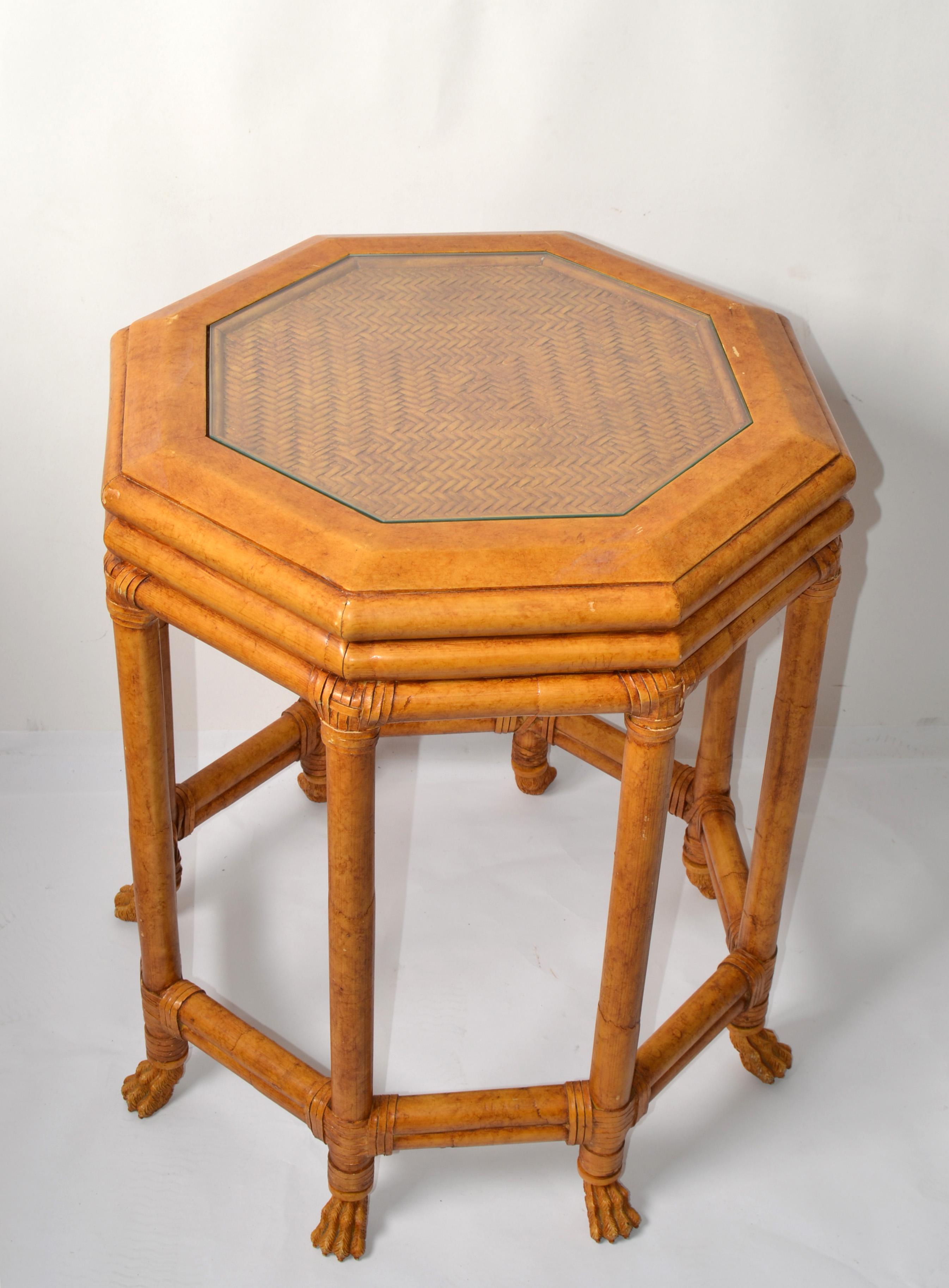 Hand-Carved McGuire Style Octagonal Bamboo Burl Veneer Leather Bindings Glass Accent Table  For Sale