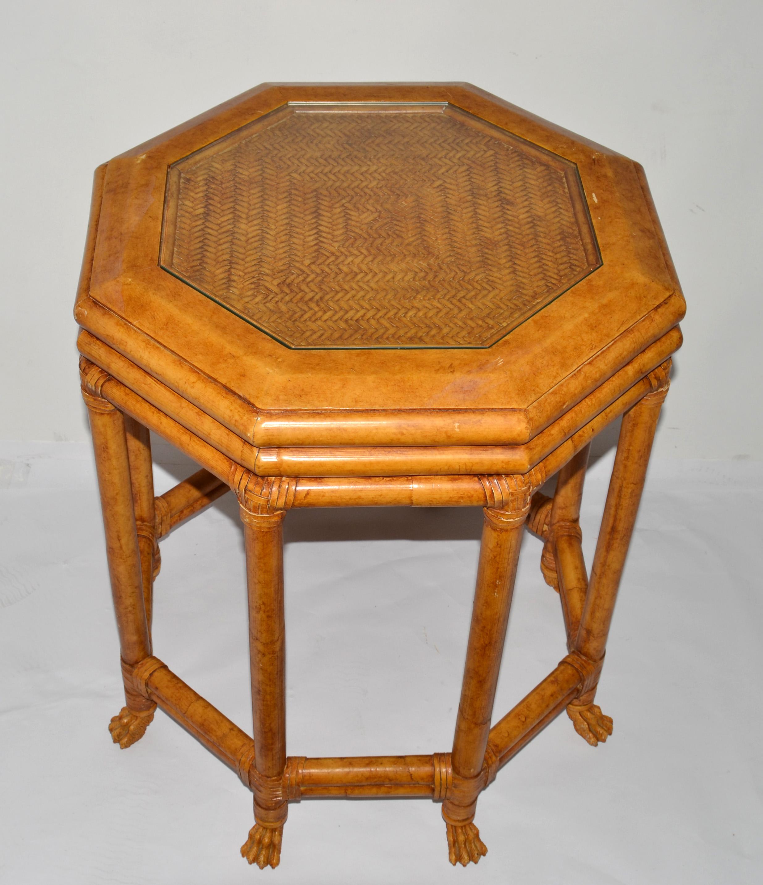 Late 20th Century McGuire Style Octagonal Bamboo Burl Veneer Leather Bindings Glass Accent Table  For Sale