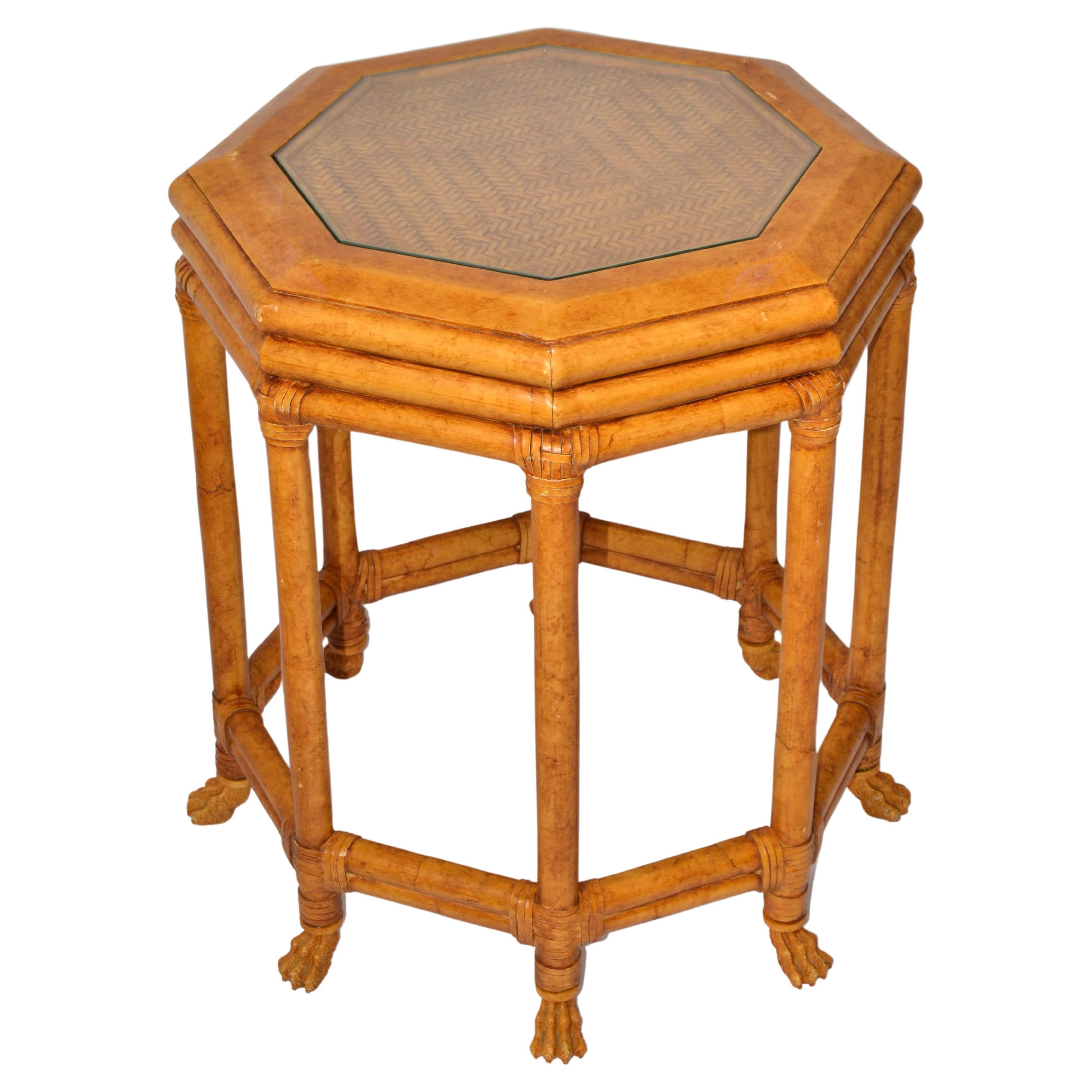 McGuire Style Octagonal Bamboo Burl Veneer Leather Bindings Glass Accent Table  For Sale