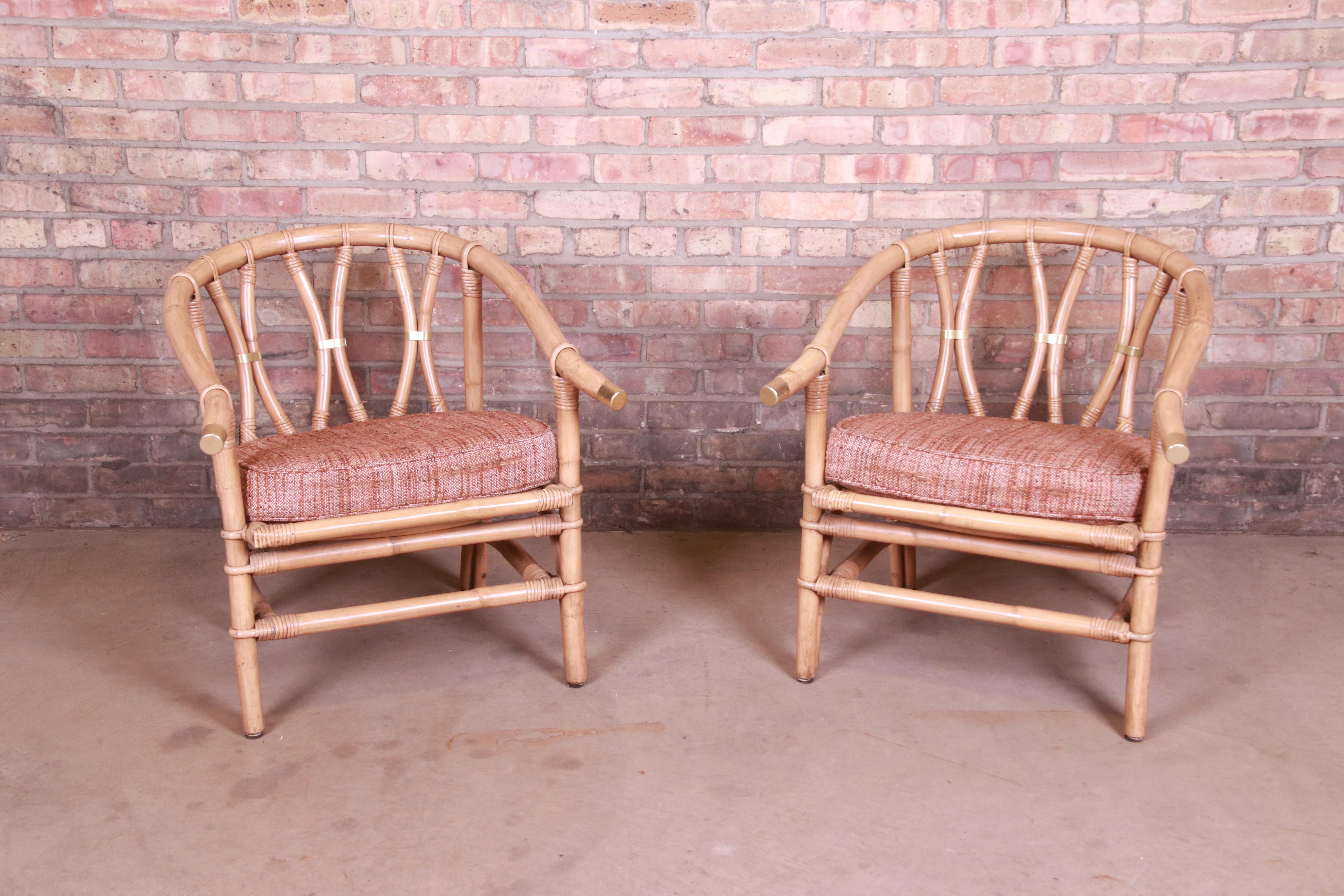 American McGuire Style Organic Modern Bamboo Rattan Lounge Chairs, Pair