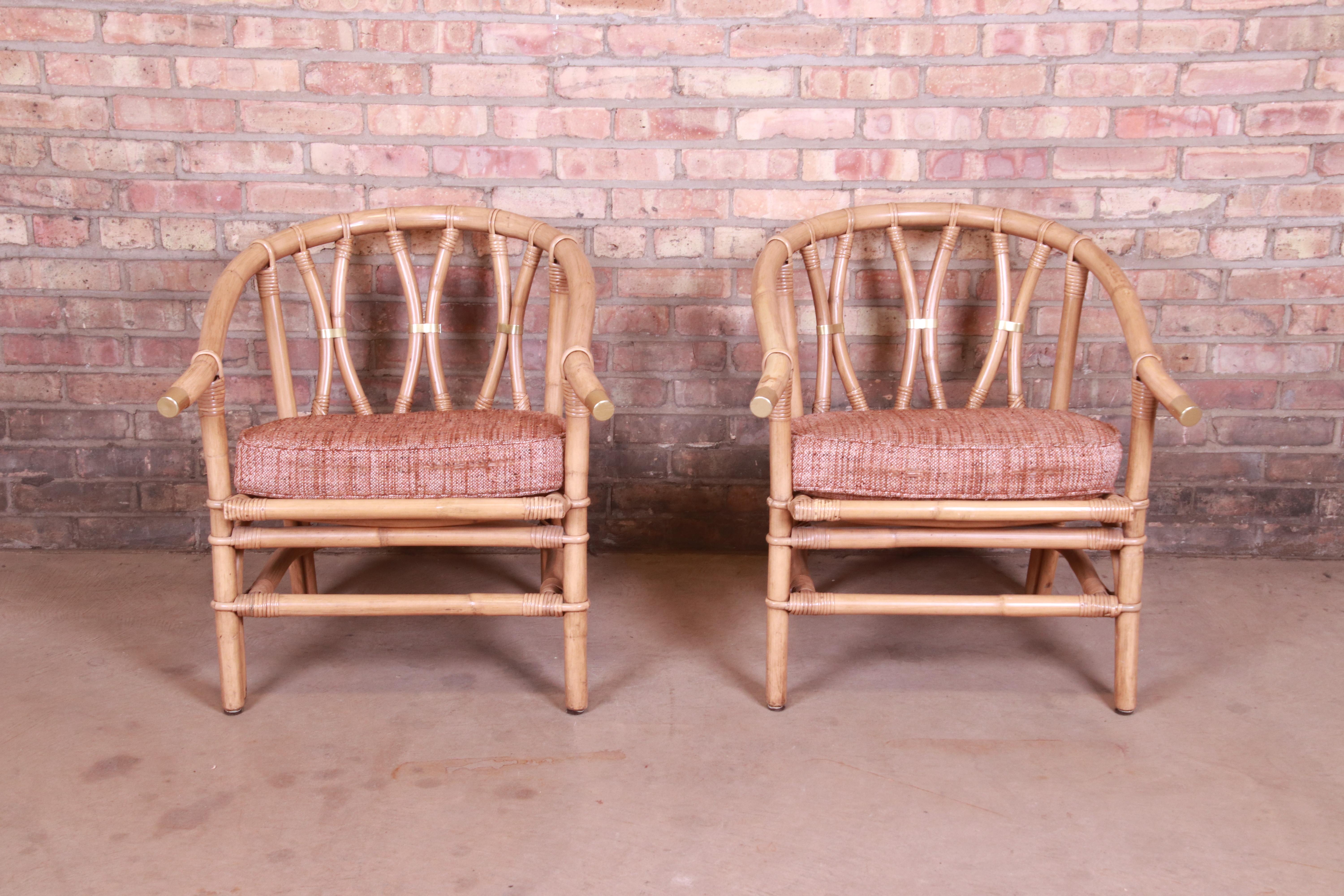 Upholstery McGuire Style Organic Modern Bamboo Rattan Lounge Chairs, Pair