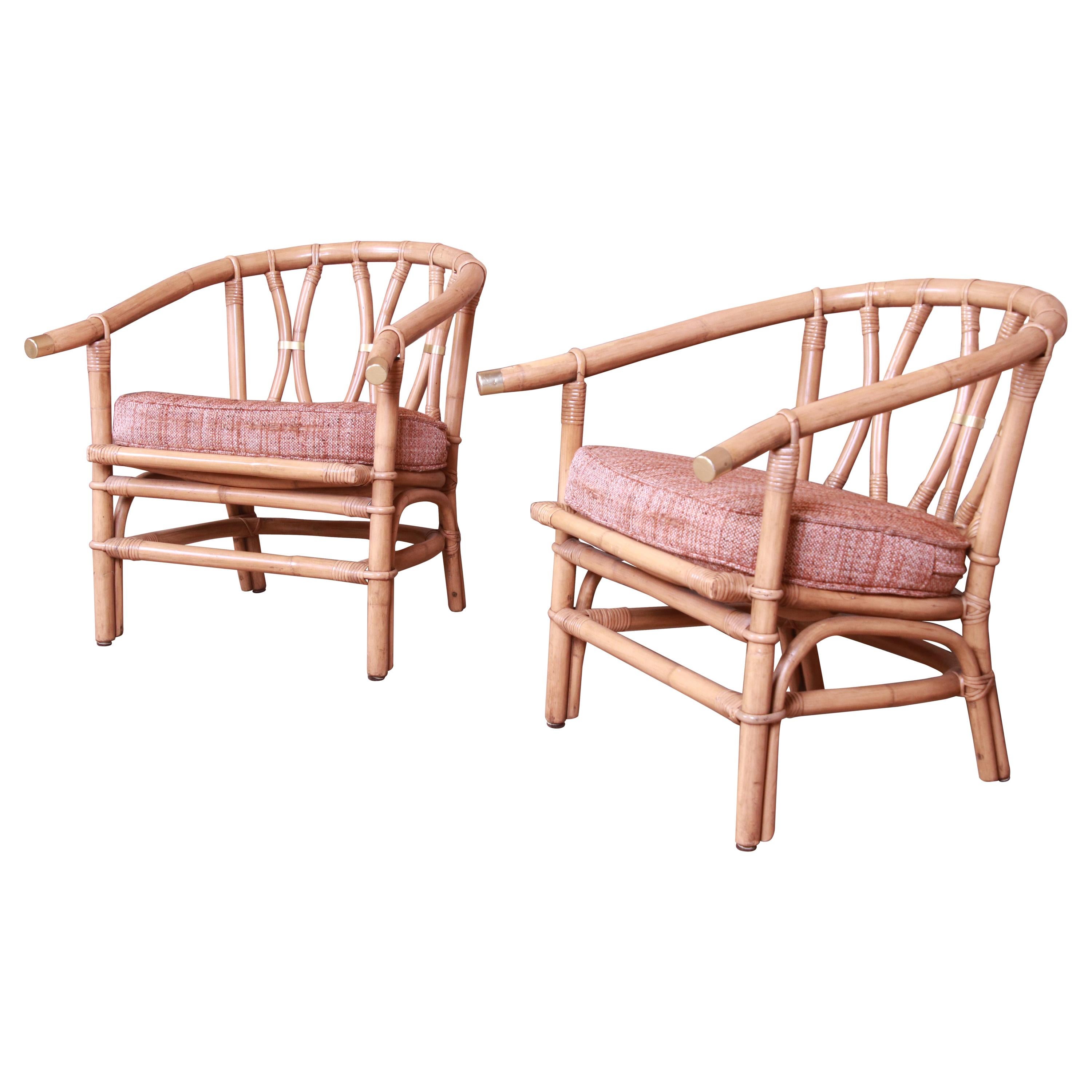 McGuire Style Organic Modern Bamboo Rattan Lounge Chairs, Pair