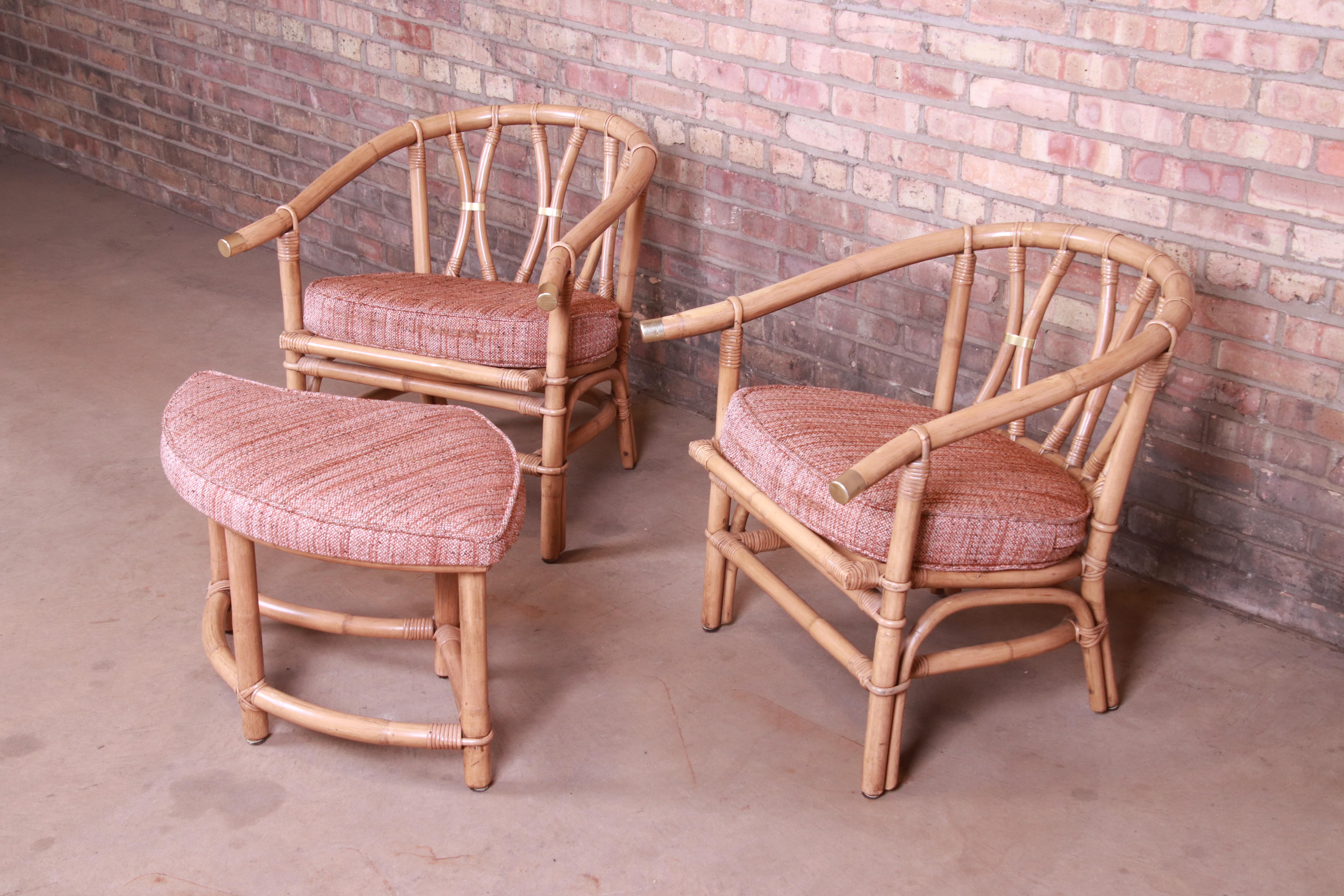 Mid-Century Modern McGuire Style Organic Modern Bamboo Rattan Lounge Chairs with Ottoman