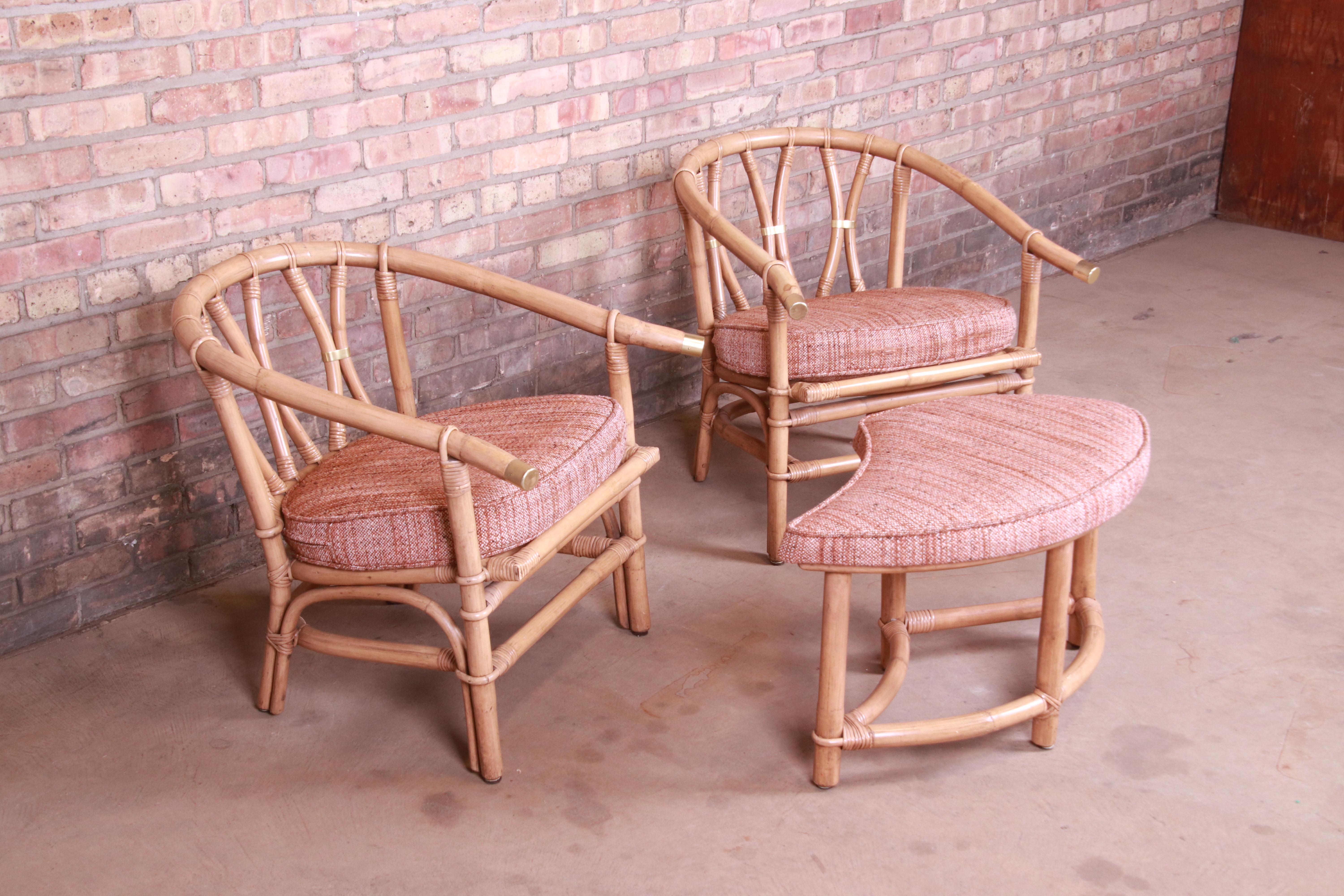 McGuire Style Organic Modern Bamboo Rattan Lounge Chairs with Ottoman In Good Condition In South Bend, IN