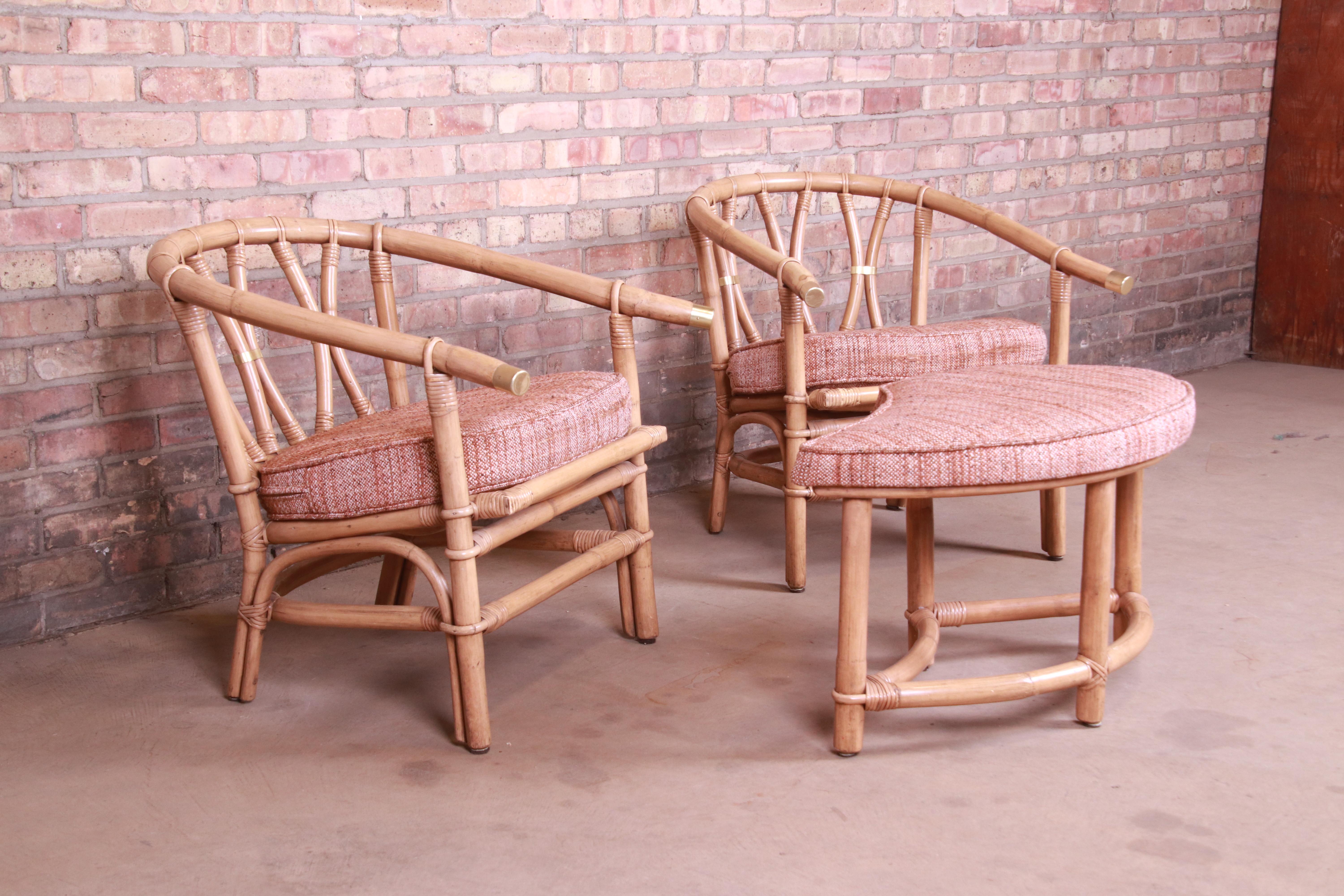 20th Century McGuire Style Organic Modern Bamboo Rattan Lounge Chairs with Ottoman