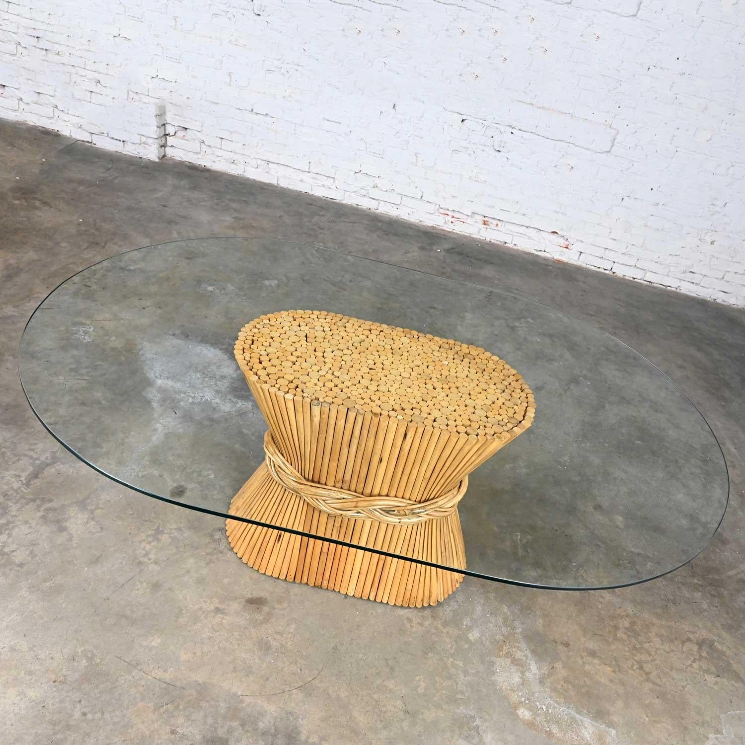 McGuire Style Racetrack Oval Rattan Sheaf of Wheat Glass Top Dining Table For Sale 6