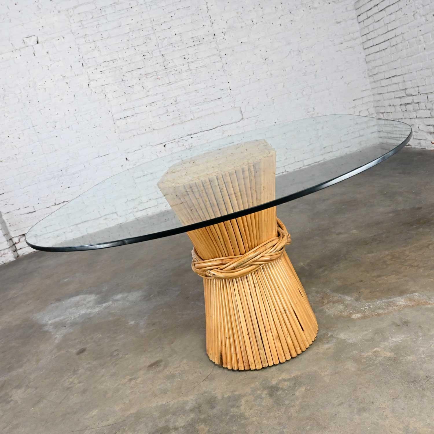 Unknown McGuire Style Racetrack Oval Rattan Sheaf of Wheat Glass Top Dining Table For Sale