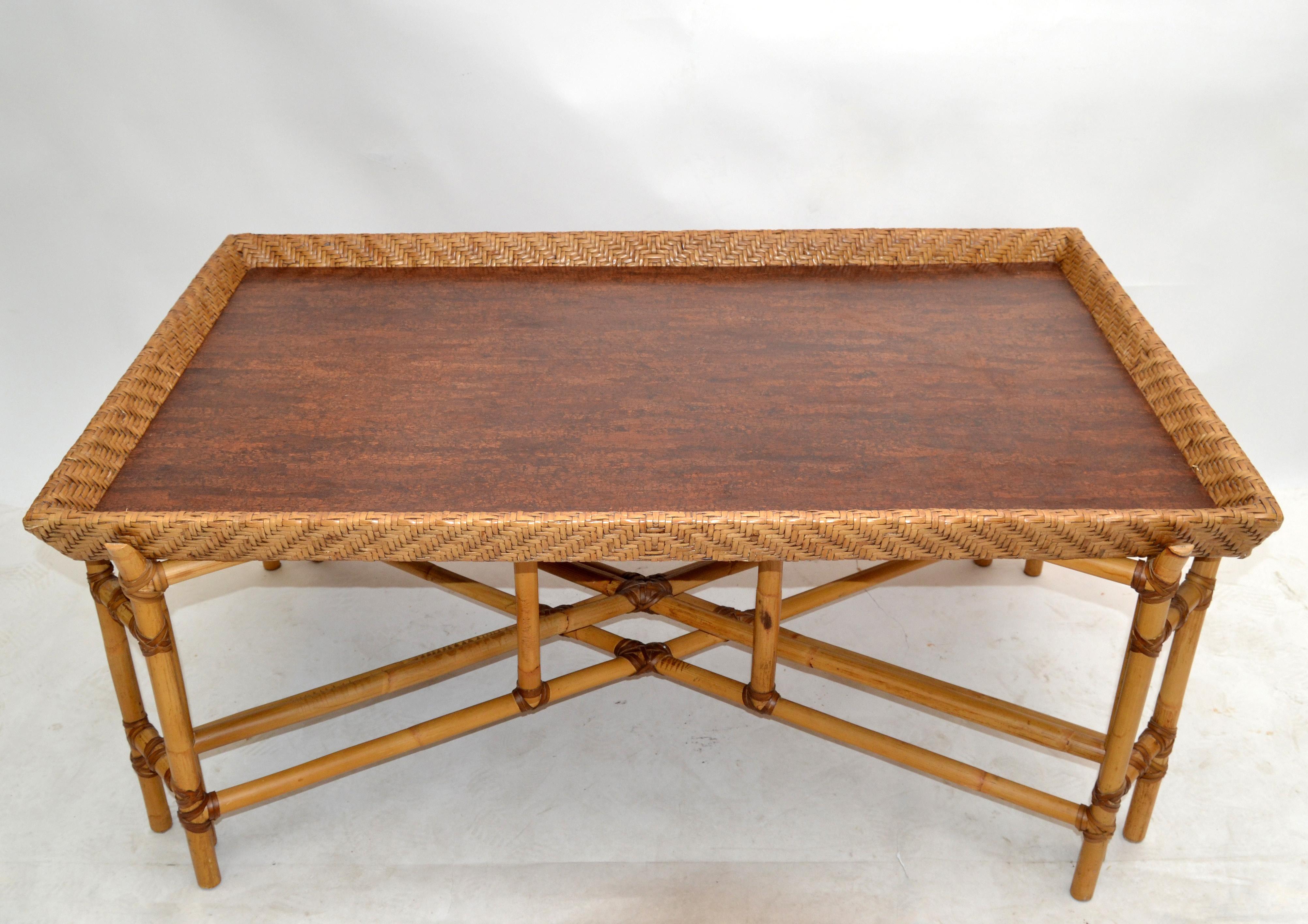 McGuire Style Rectangular Bamboo Wood Mid-Century Modern Tray Table American 80s 13